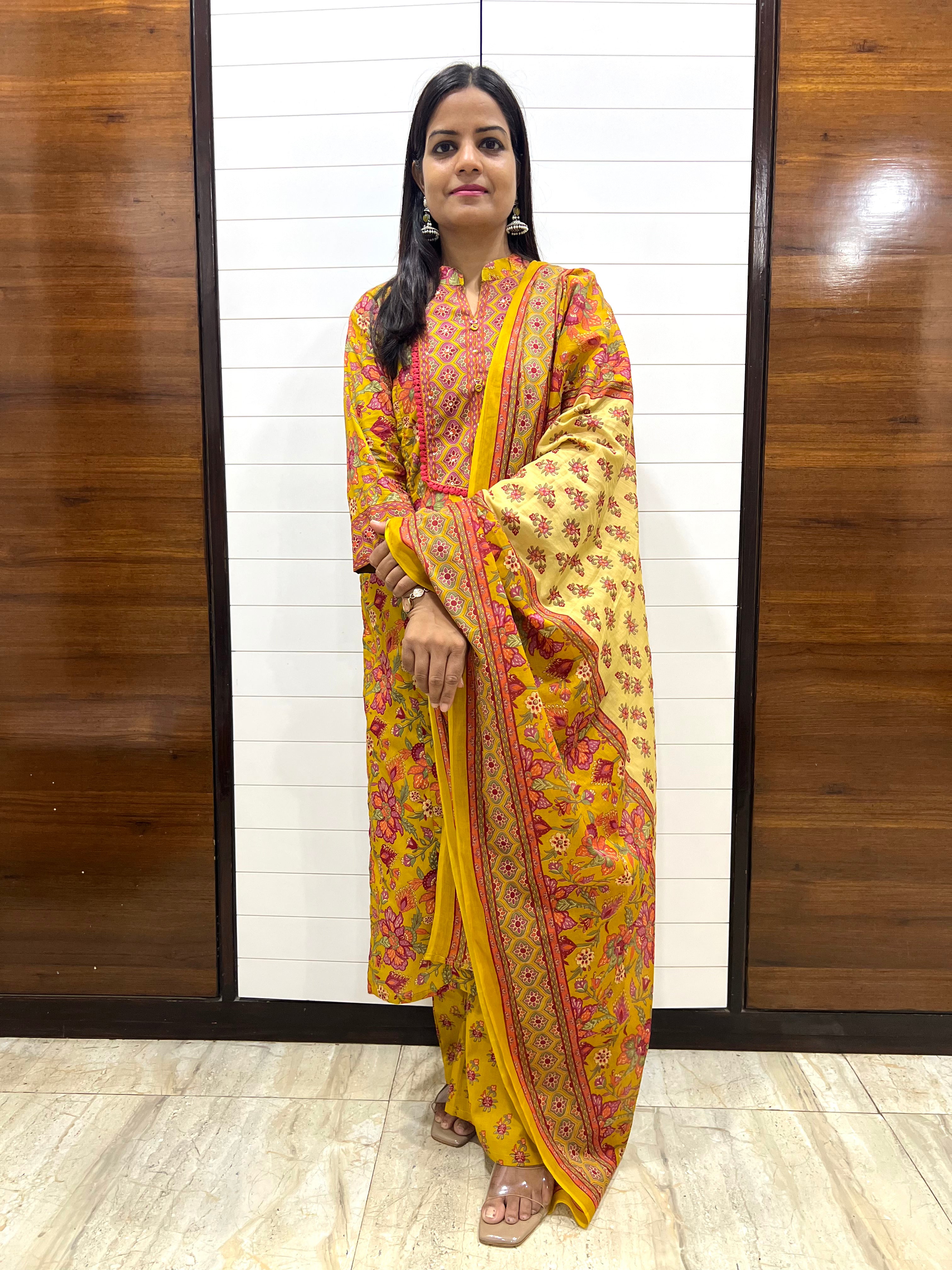 Mumzhug Surya Veda Pure Cotton Jaipuri Printed Feeding Kurta Pant with Dupatta Set – Mustard Yellow