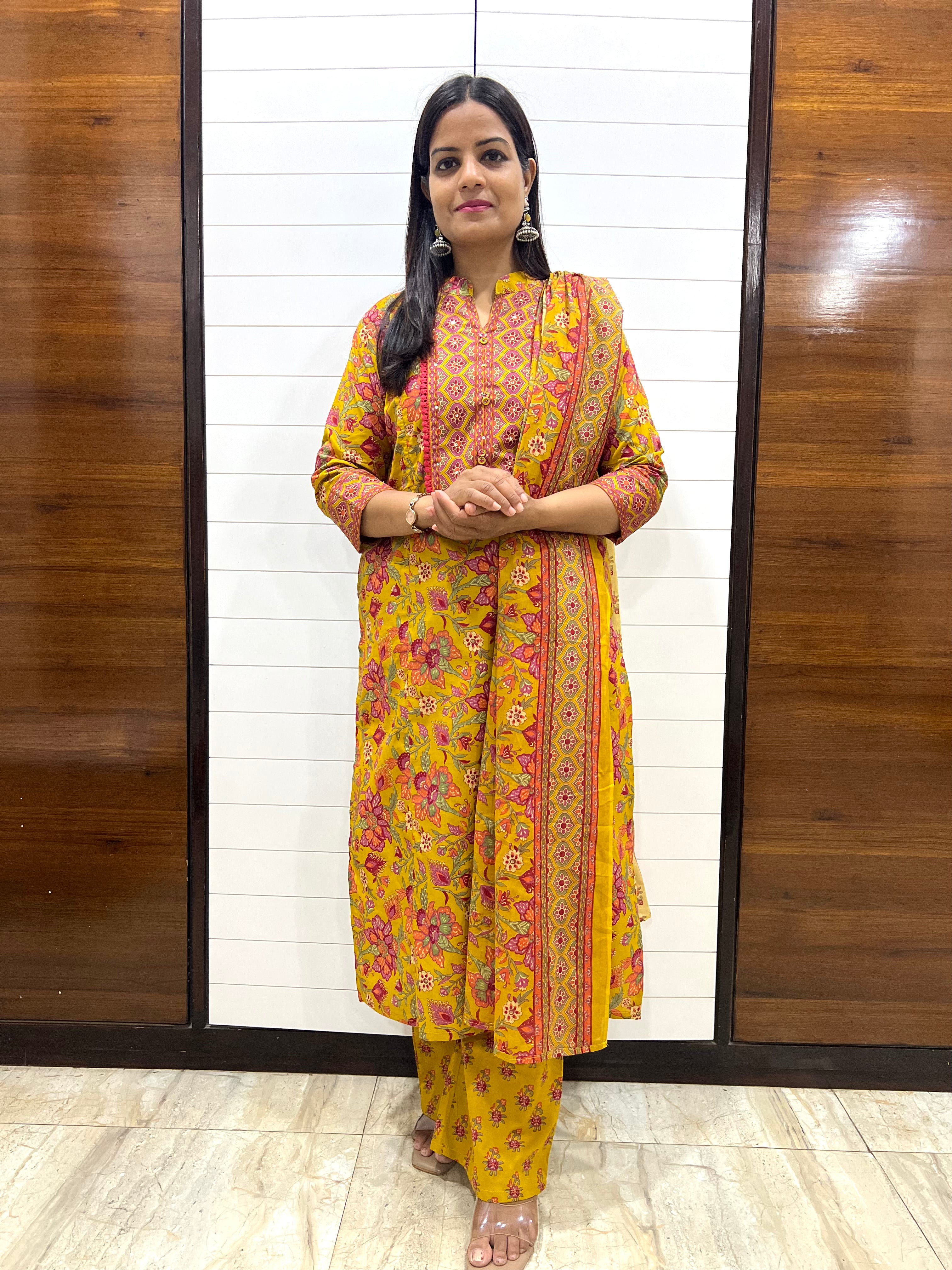 Mumzhug Surya Veda Pure Cotton Jaipuri Printed Feeding Kurta Pant with Dupatta Set – Mustard Yellow