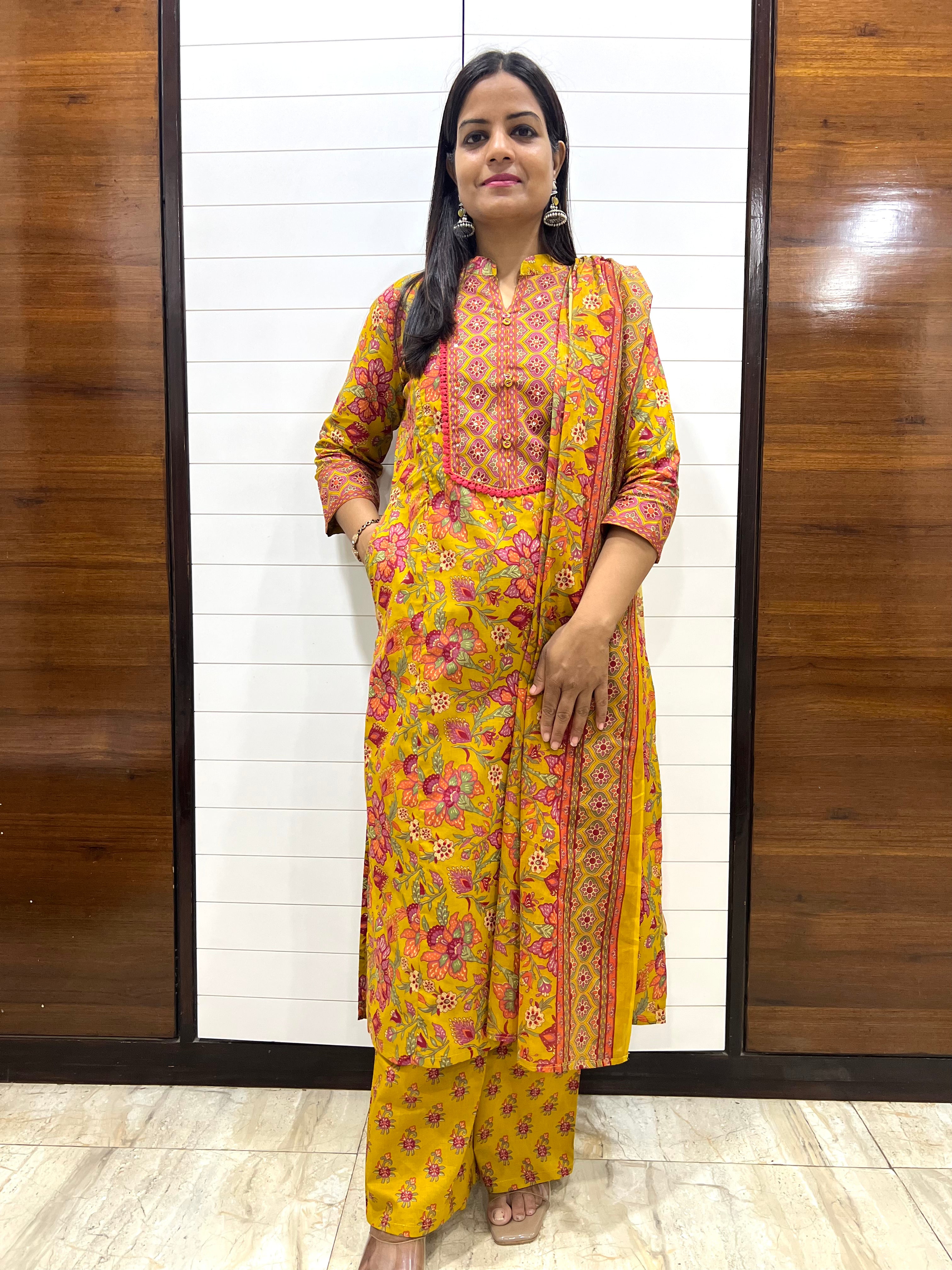 Mumzhug Surya Veda Pure Cotton Jaipuri Printed Feeding Kurta Pant with Dupatta Set – Mustard Yellow