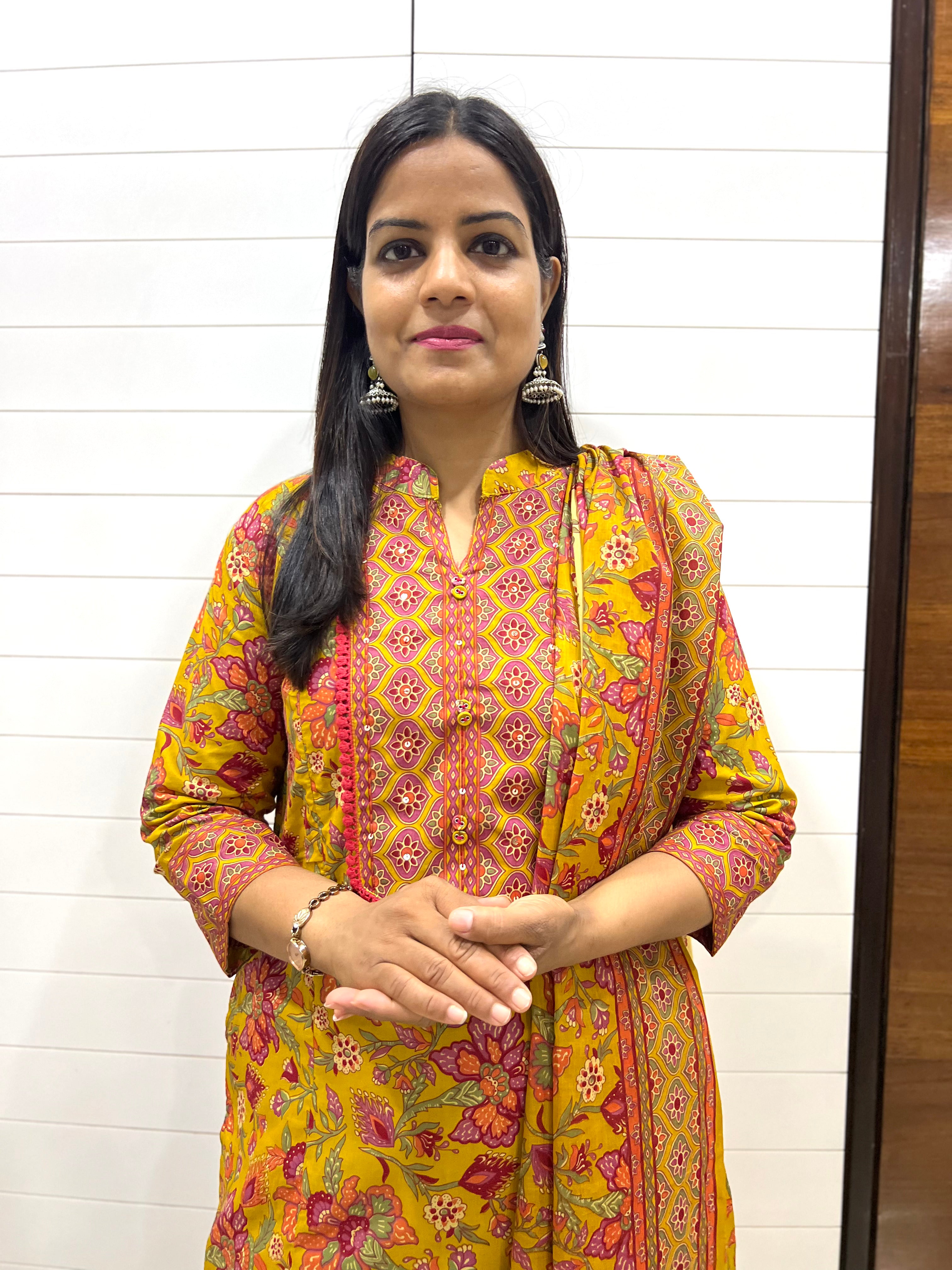 Mumzhug Surya Veda Pure Cotton Jaipuri Printed Feeding Kurta Pant with Dupatta Set – Mustard Yellow
