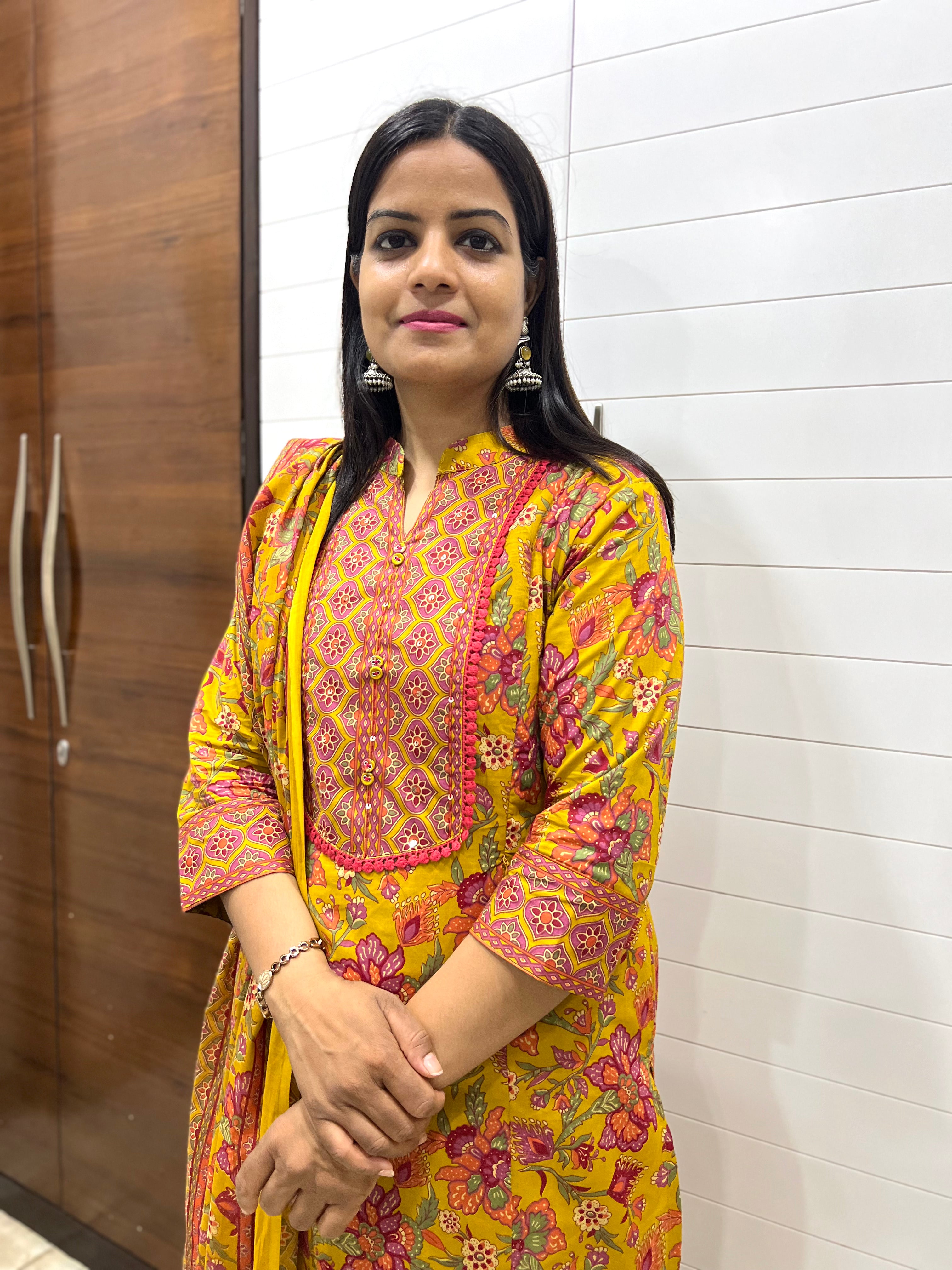 Mumzhug Surya Veda Pure Cotton Jaipuri Printed Feeding Kurta Pant with Dupatta Set – Mustard Yellow