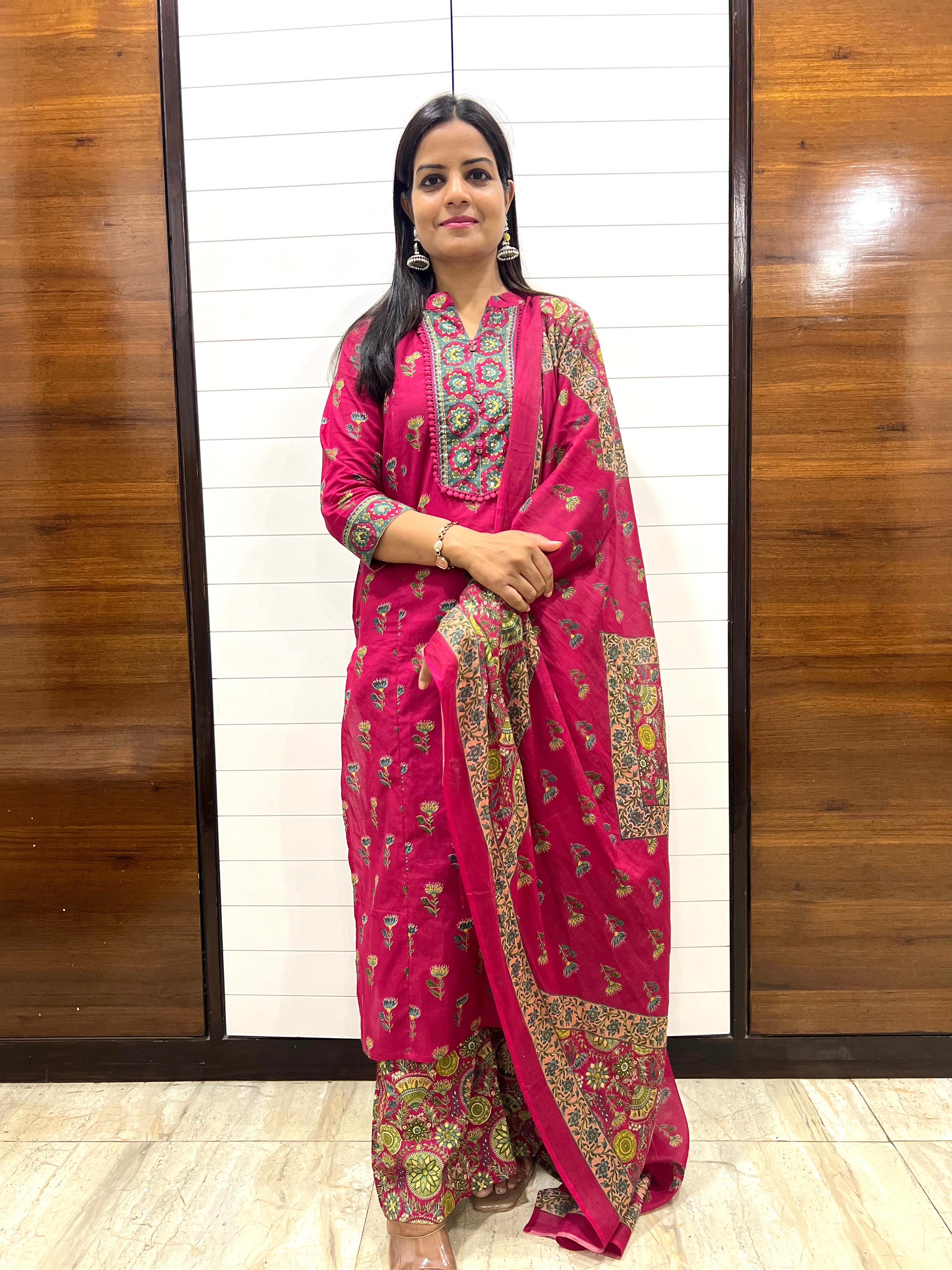 Mumzhug Rani Vanya Pure Cotton Jaipuri Printed Feeding Kurta Pant with Dupatta Set – Fuchsia Pink