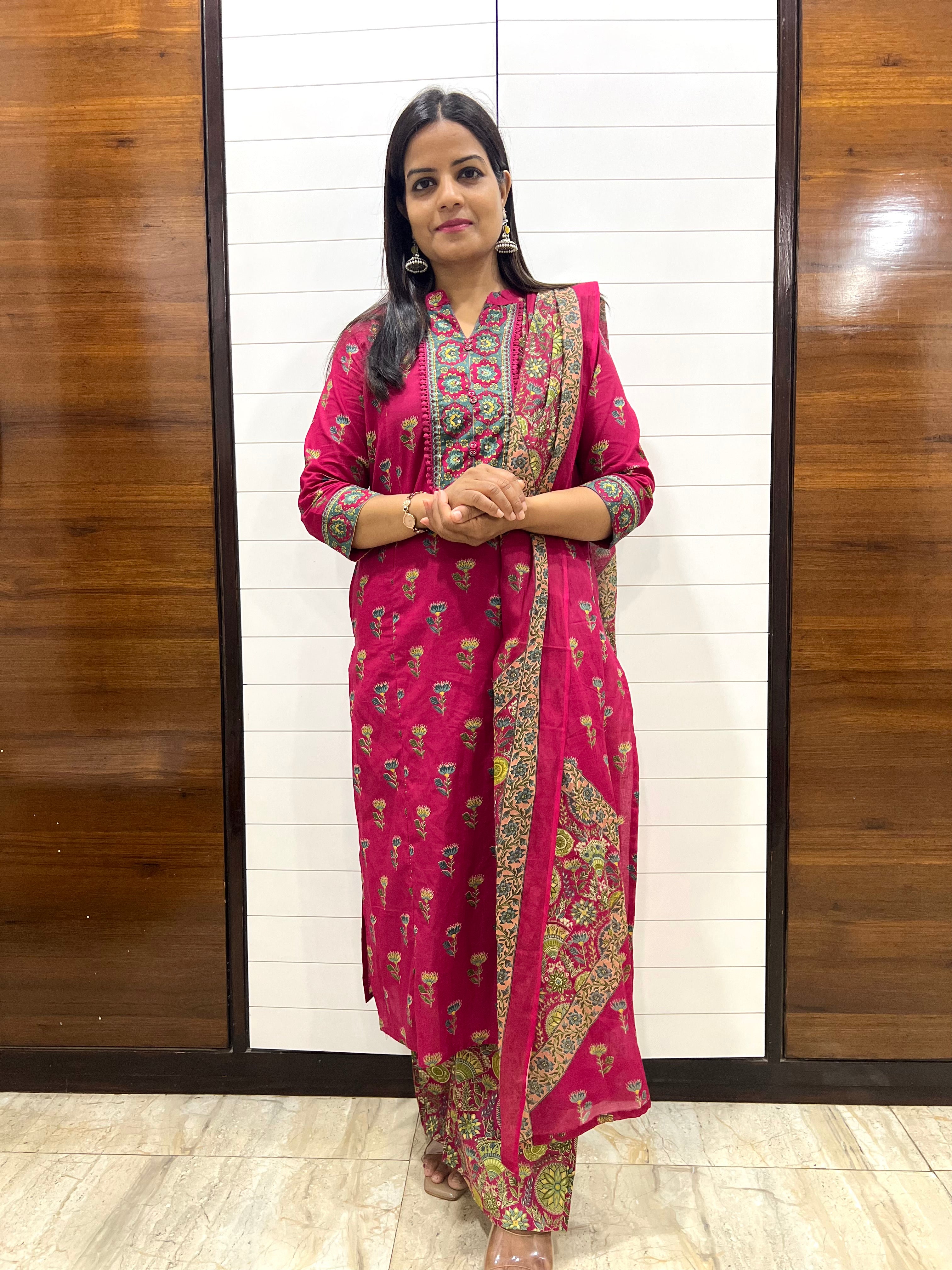 Mumzhug Rani Vanya Pure Cotton Jaipuri Printed Feeding Kurta Pant with Dupatta Set – Fuchsia Pink