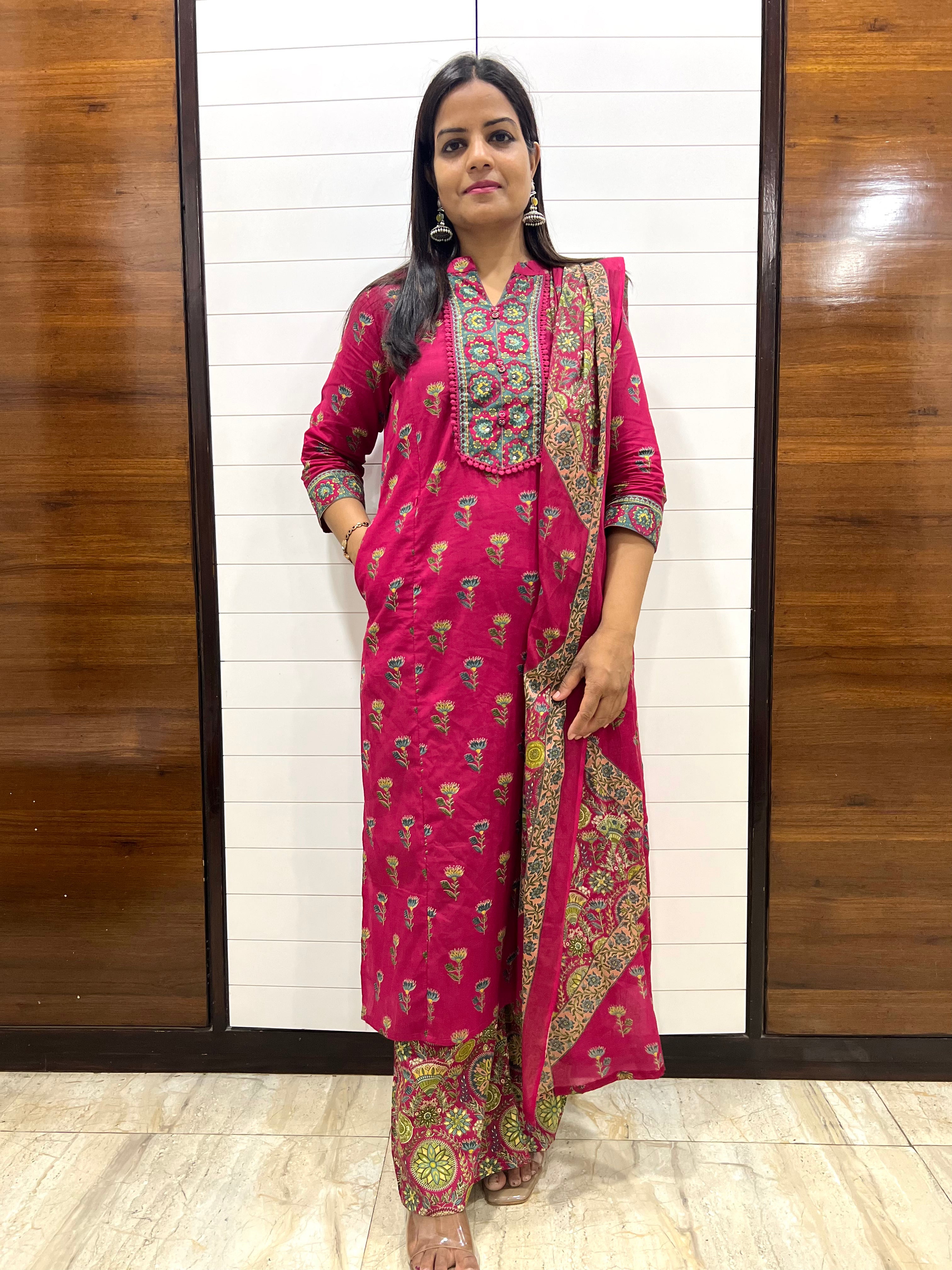 Mumzhug Rani Vanya Pure Cotton Jaipuri Printed Feeding Kurta Pant with Dupatta Set – Fuchsia Pink