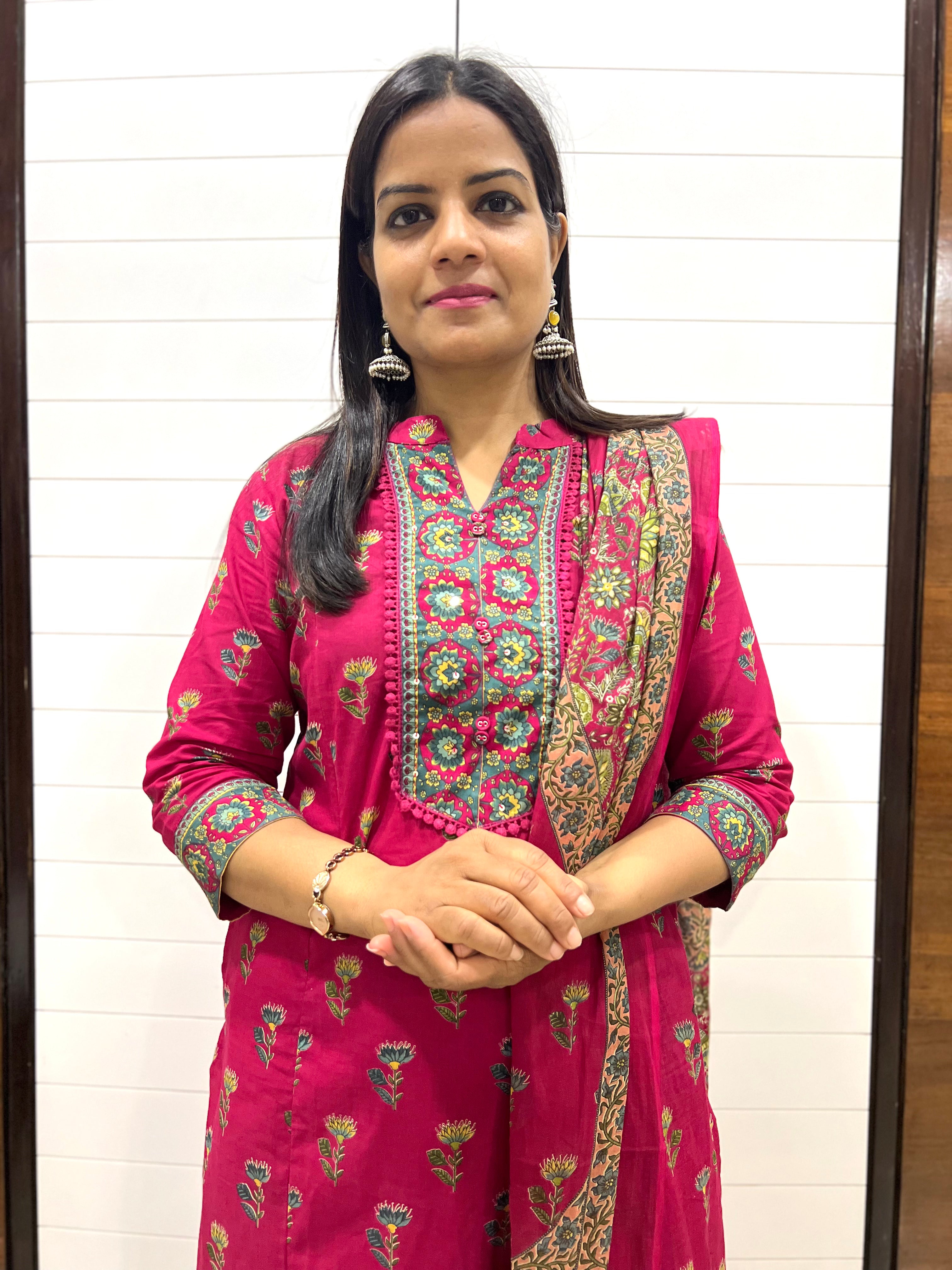 Mumzhug Rani Vanya Pure Cotton Jaipuri Printed Feeding Kurta Pant with Dupatta Set – Fuchsia Pink