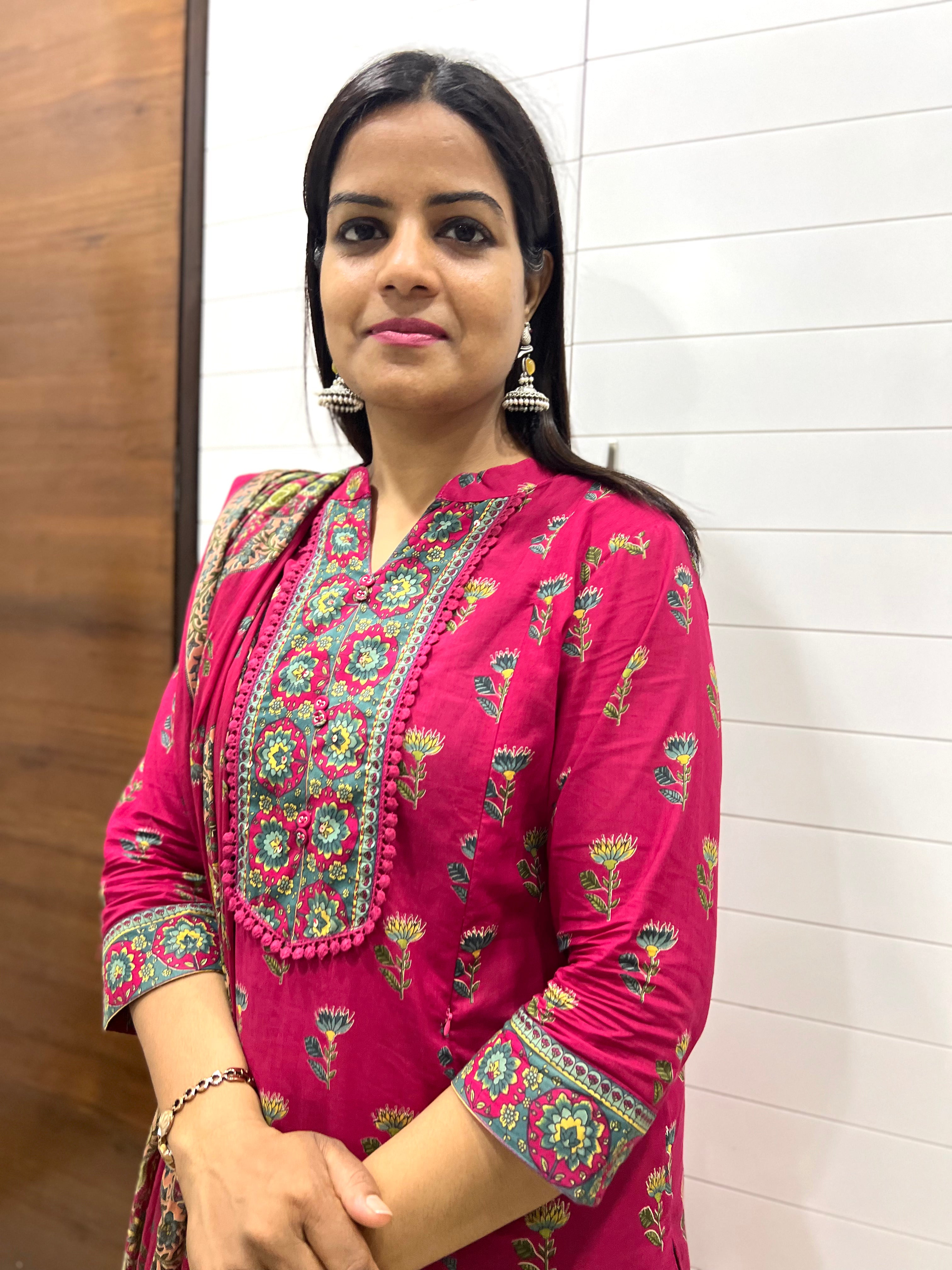 Mumzhug Rani Vanya Pure Cotton Jaipuri Printed Feeding Kurta Pant with Dupatta Set – Fuchsia Pink