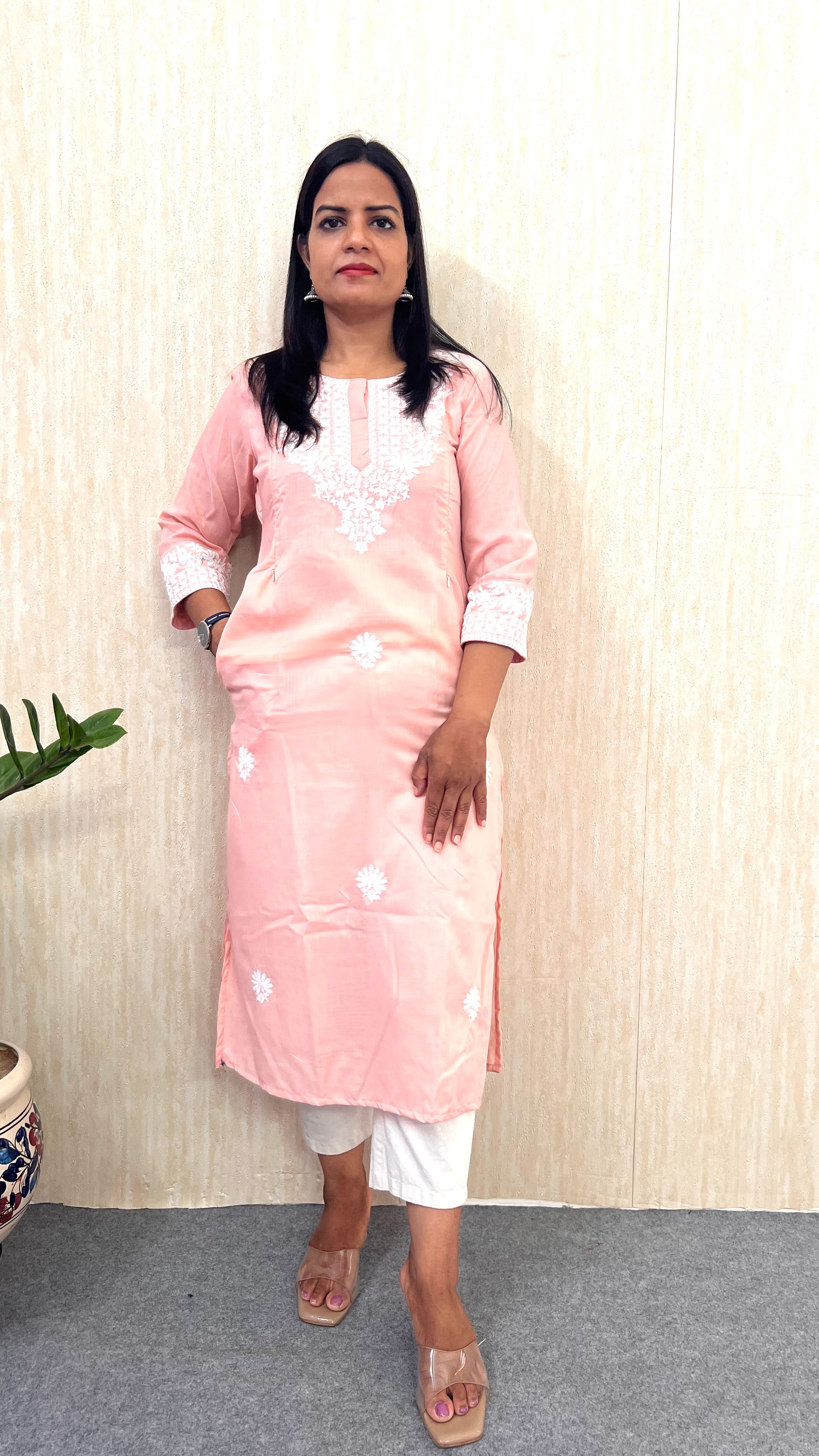 MUMZHUG Blend Cotton Embroidered Feeding Kurta with Attached Lining – PEACH Maternity & Nursing Kurta for Women