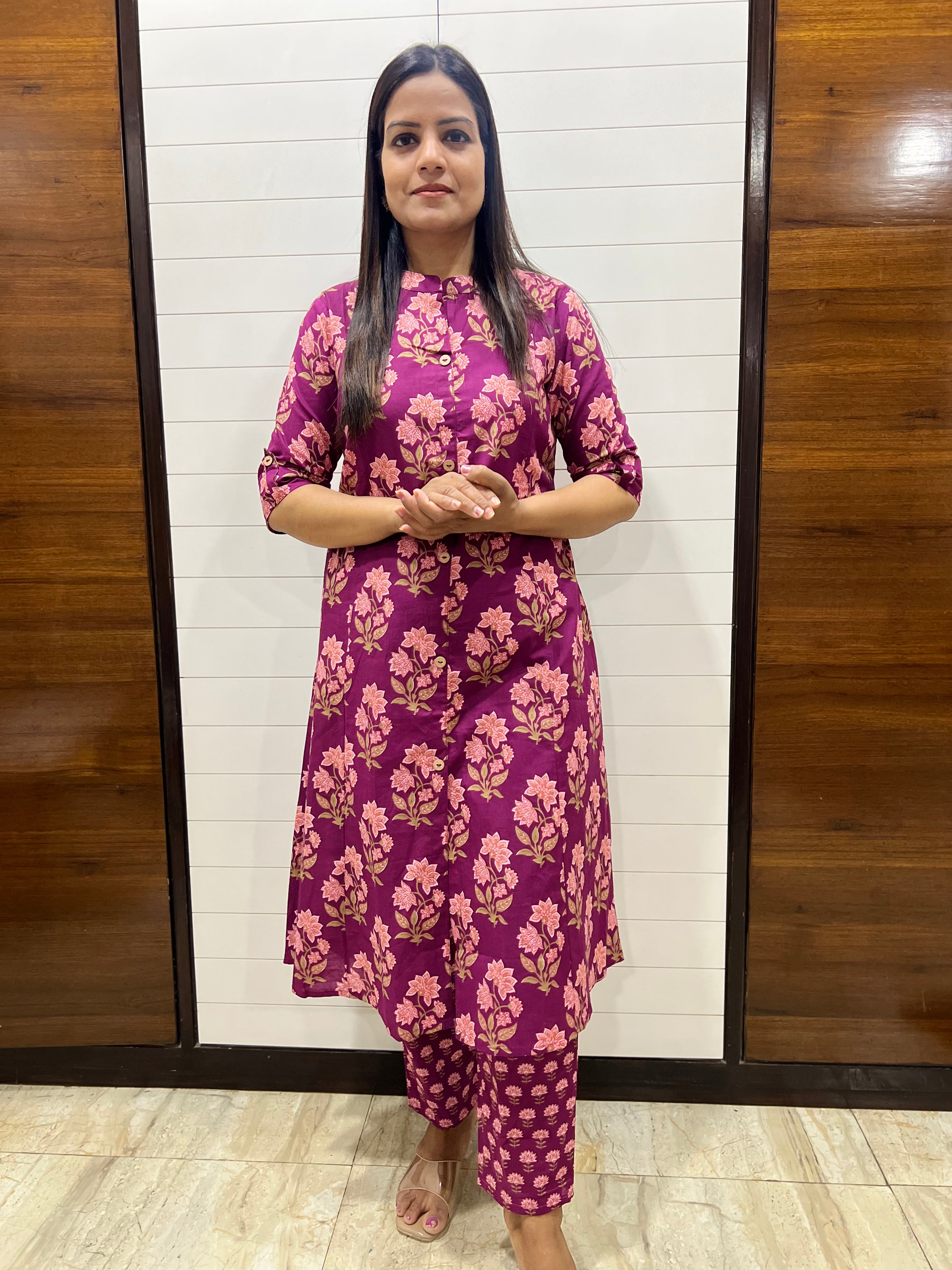 Lavendar Floral Pure Cotton Printed Feeding Kurta and Pant Set