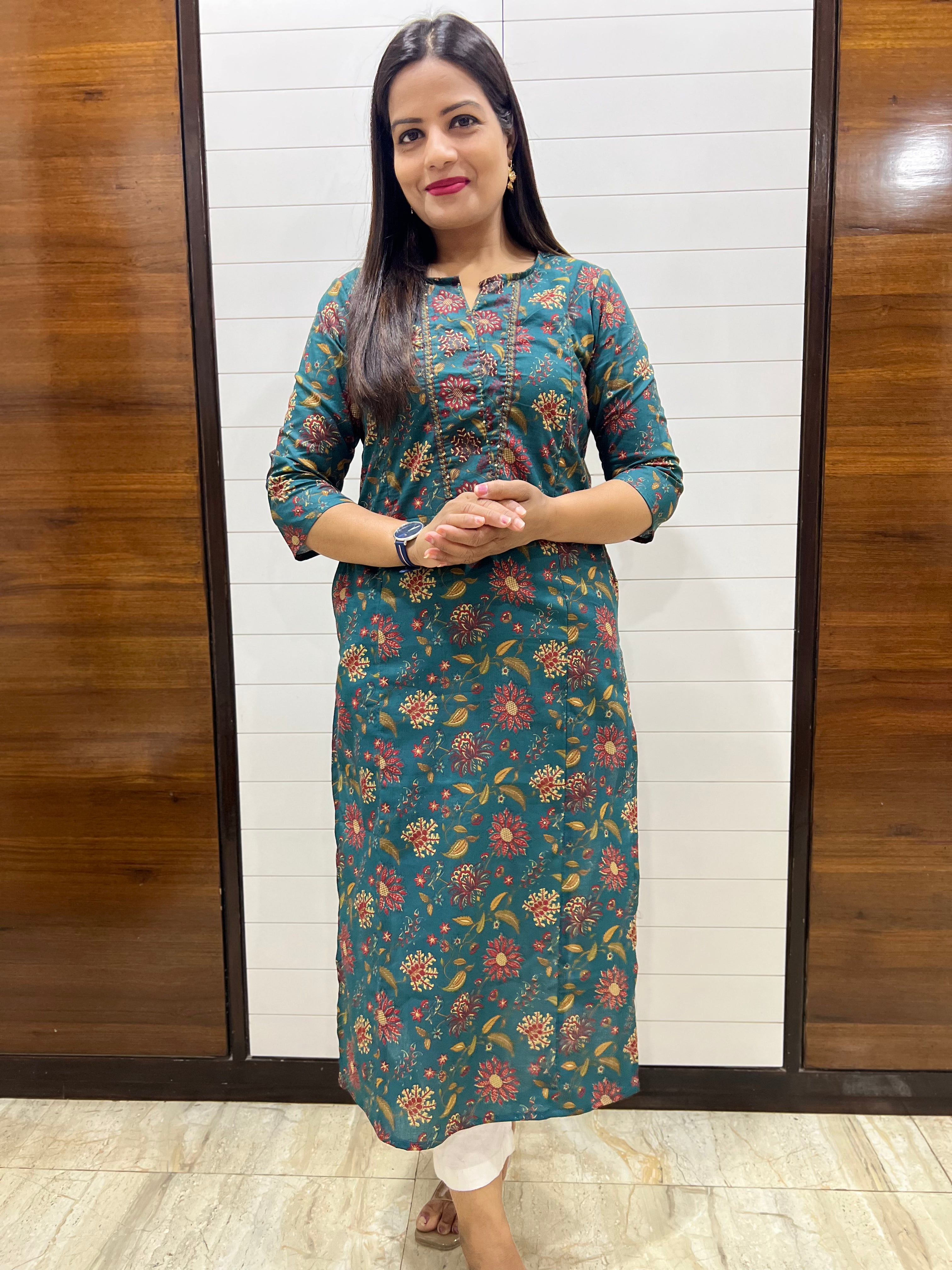 Mumzhug Pure Cotton Teal floral Colored Printed Feeding Kurta