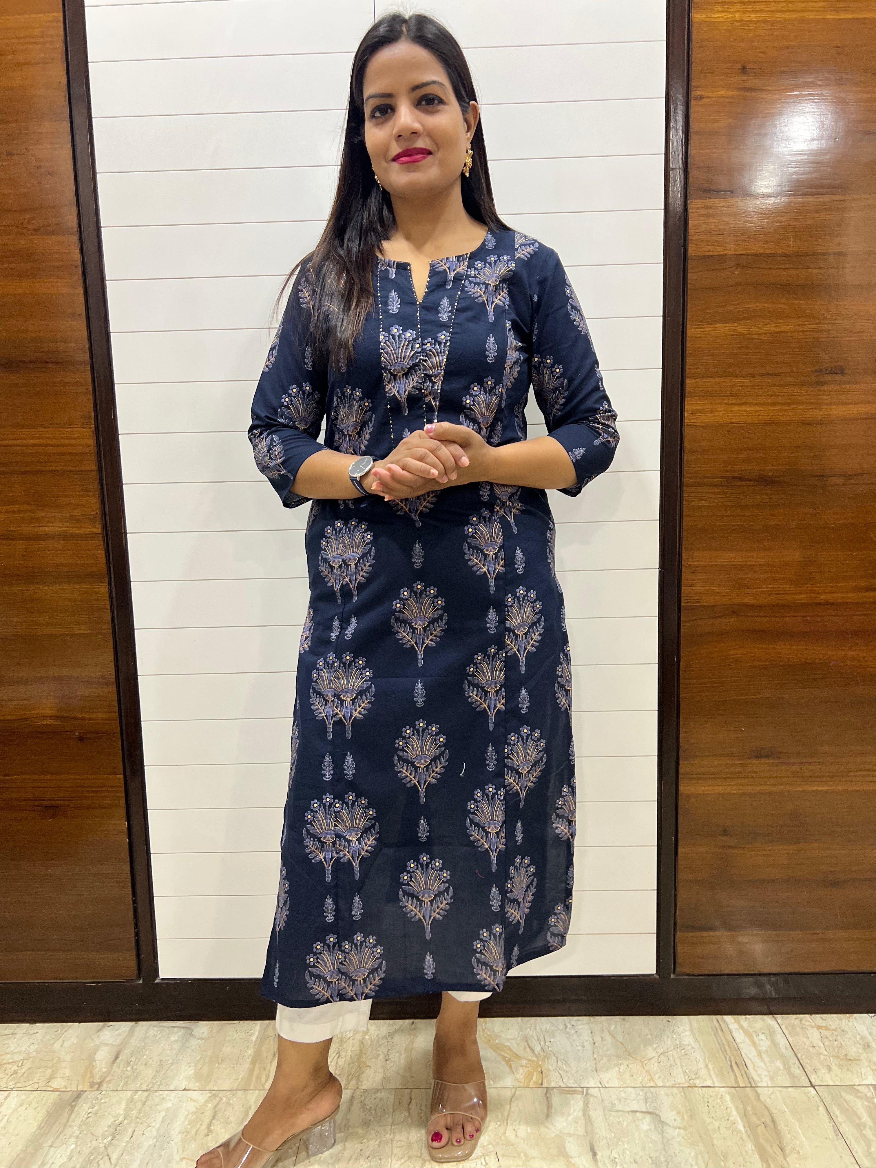 Mumzhug Pure Cotton Navy Blue Jaipuri Printed Feeding Kurta