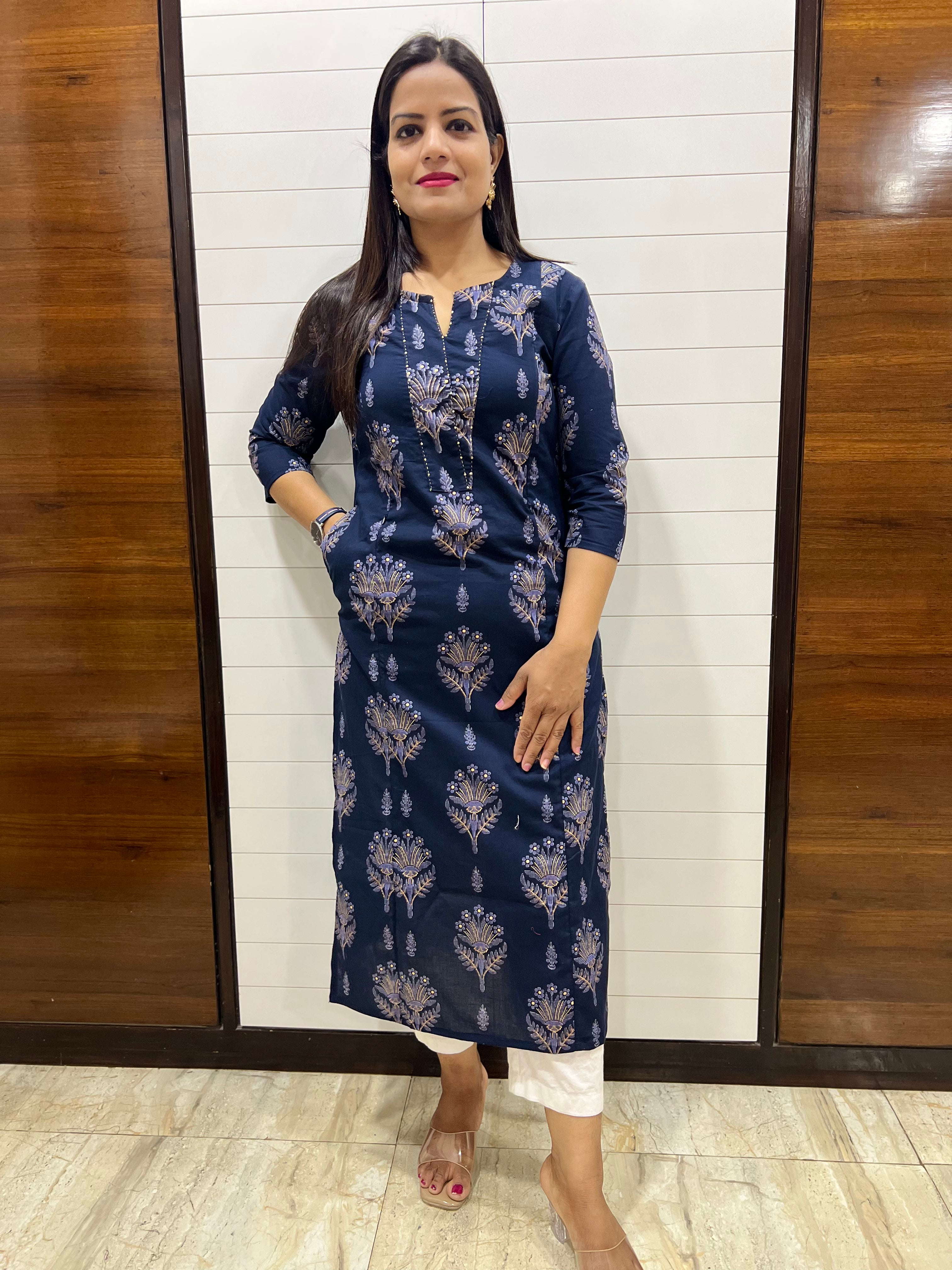 Mumzhug Pure Cotton Navy Blue Jaipuri Printed Feeding Kurta