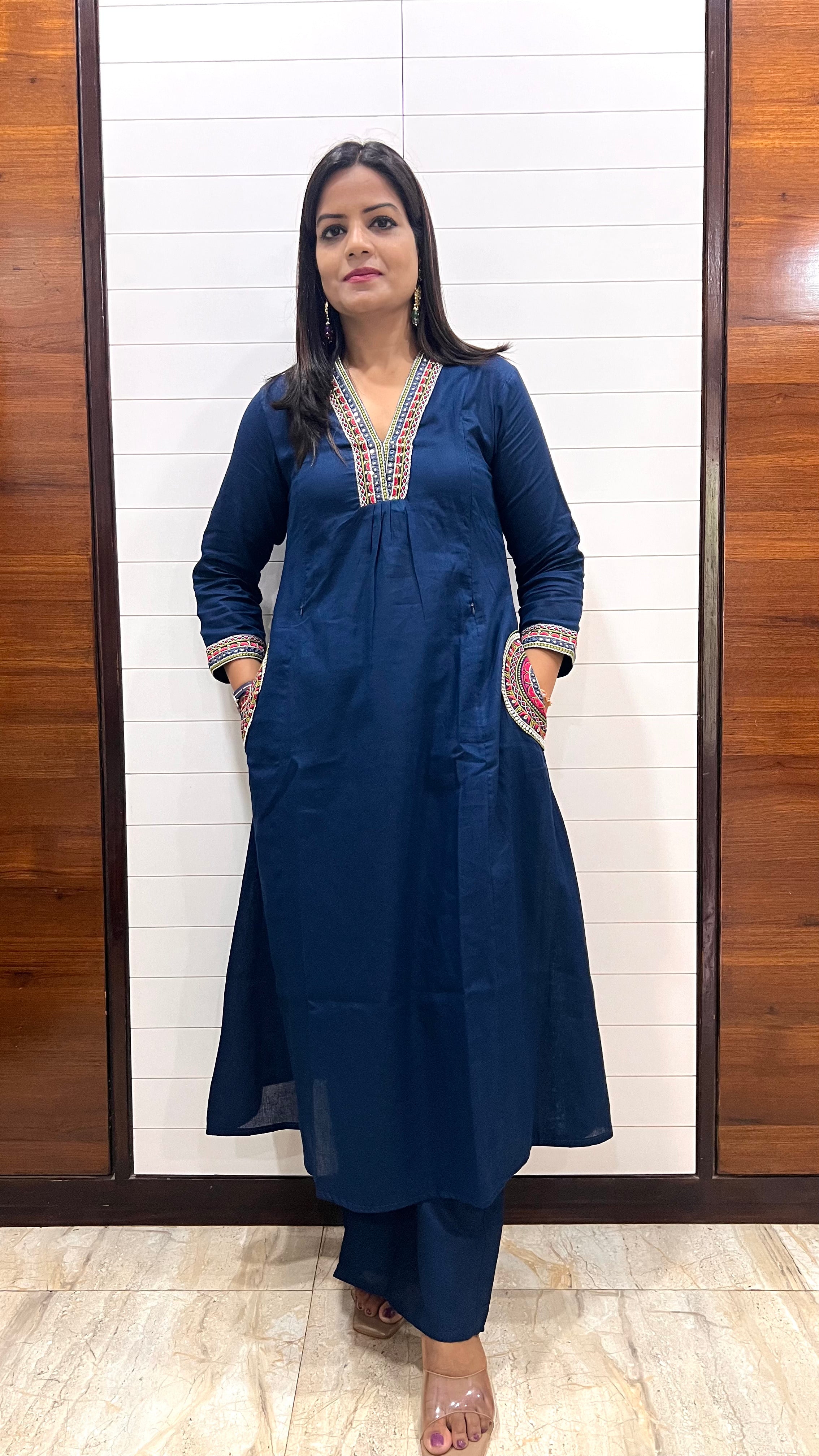 MUMZHUG Pure Cotton Blue Embroidered Feeding & Maternity Kurta Pant with Chiffon Dupatta Set | Nursing Wear for Moms | Dispatch Starts from 8th september