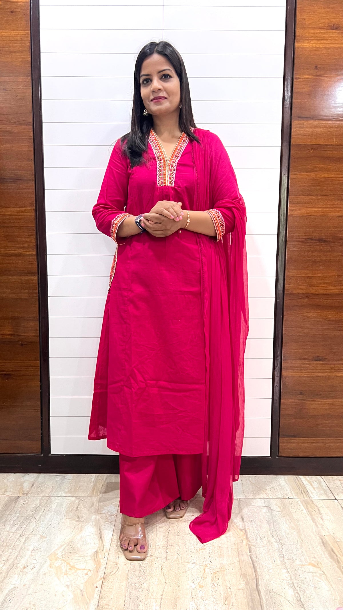 MUMZHUG Pure Cotton Fuchsia Embroidered Feeding & Maternity Kurta Pant with Chiffon Dupatta Set | Soft Nursing Wear | Ready to ship