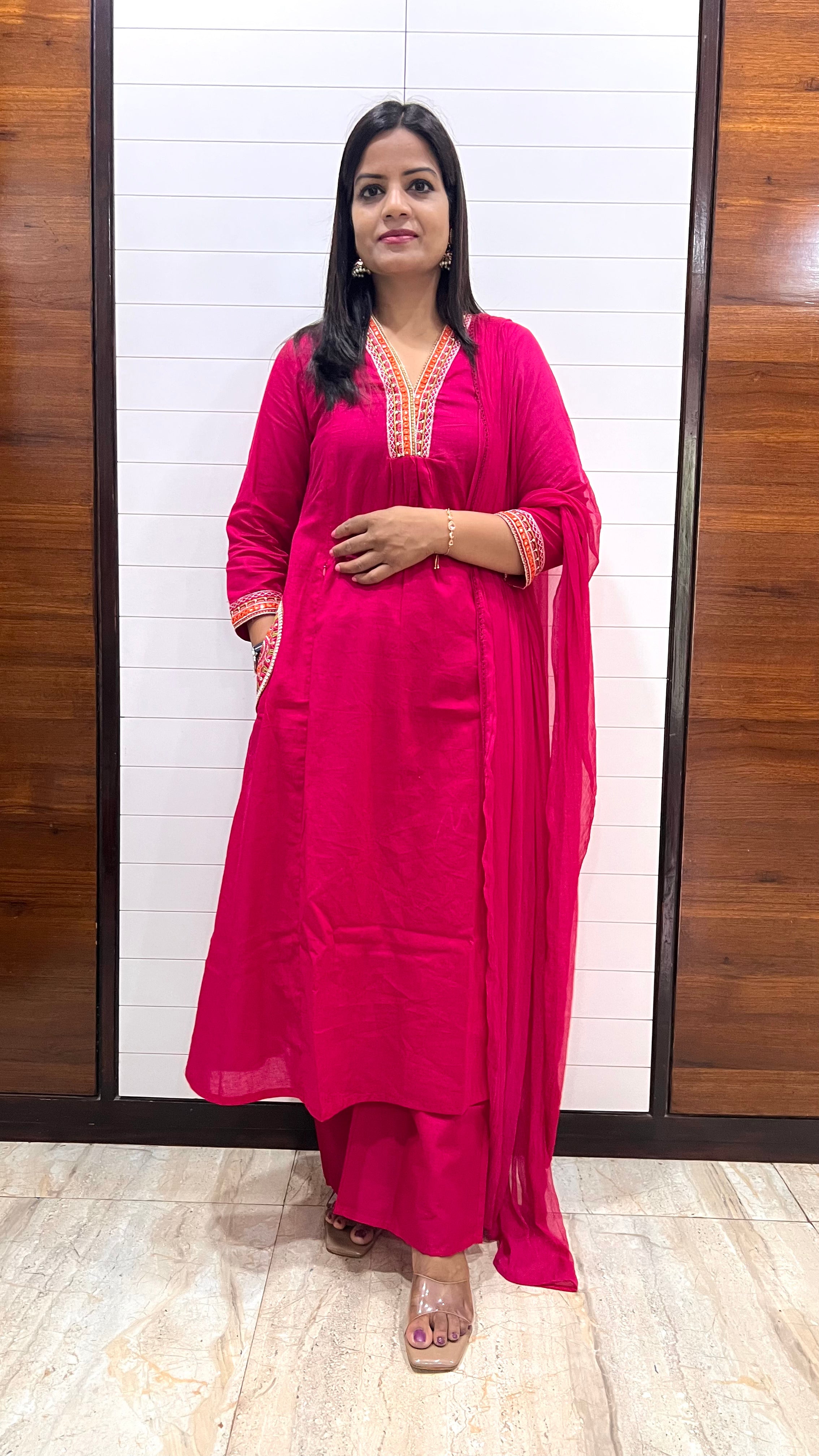 MUMZHUG Pure Cotton Fuchsia Embroidered Feeding & Maternity Kurta Pant with Chiffon Dupatta Set | Soft Nursing Wear | Ready to ship