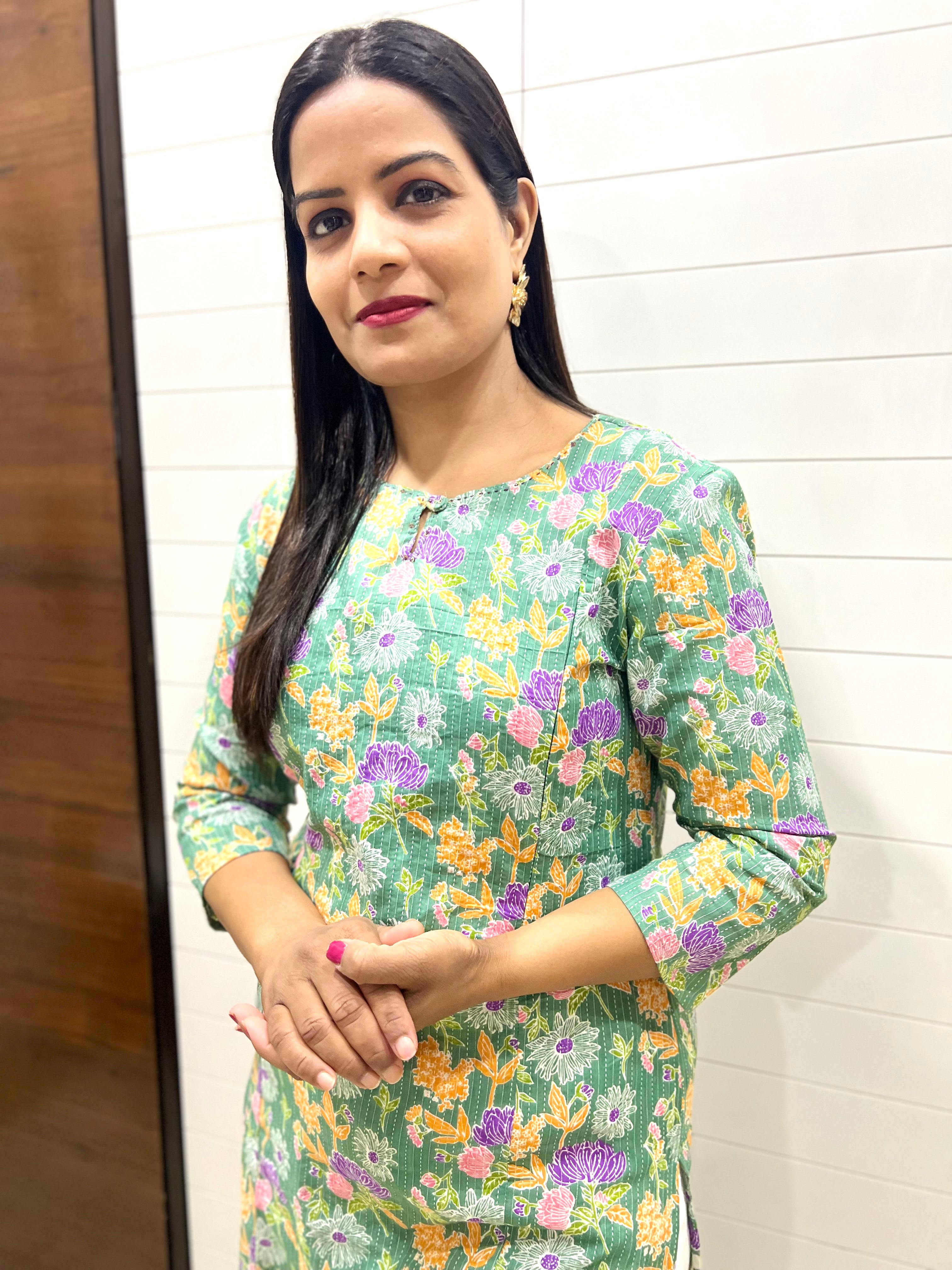 Mumzhug Pista Jaipuri Kantha Print Pure Cotton Feeding Kurta