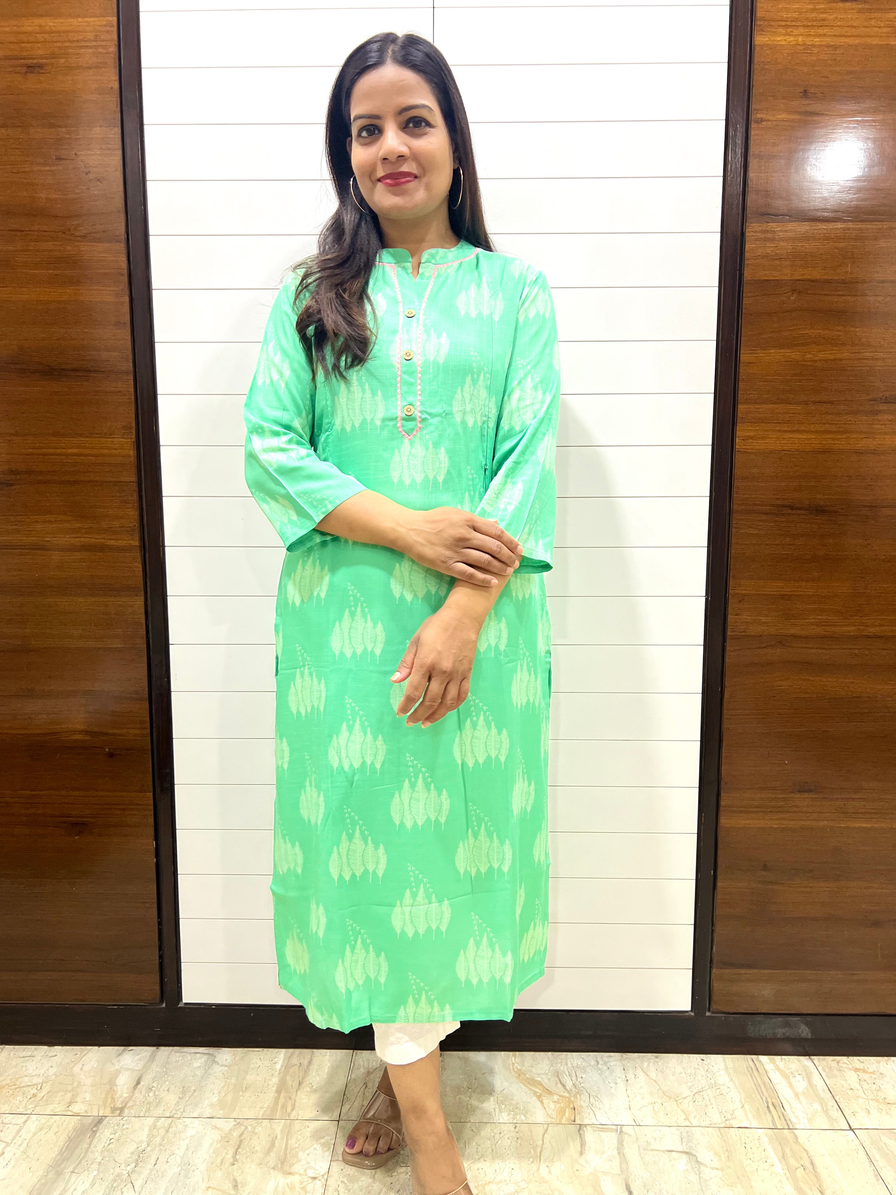 Mumzhug Green Viscose Rayon Feeding Kurta