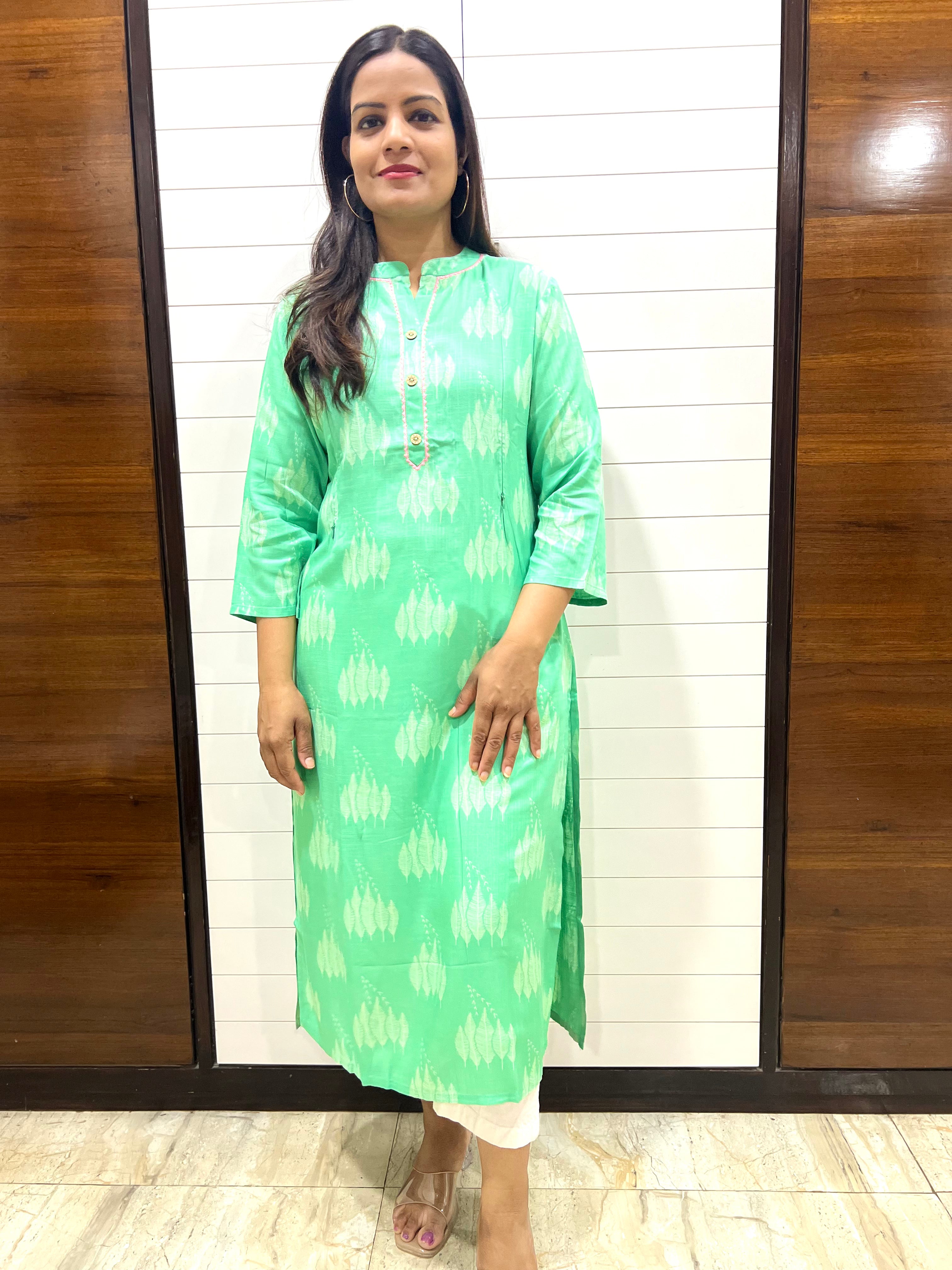 Mumzhug Green Viscose Rayon Feeding Kurta