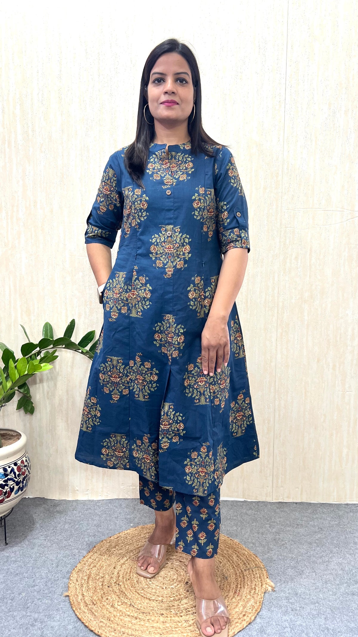 Mumzhug “Neel Gul” – Navy Blue Jaipuri Print Pure Cotton Feeding & Maternity Co-ord Set