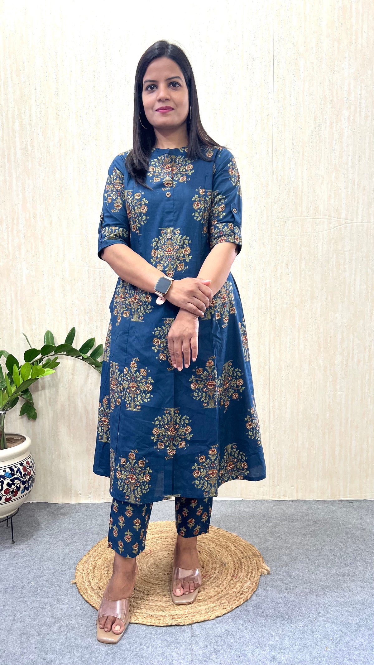 Mumzhug “Neel Gul” – Navy Blue Jaipuri Print Pure Cotton Feeding & Maternity Co-ord Set