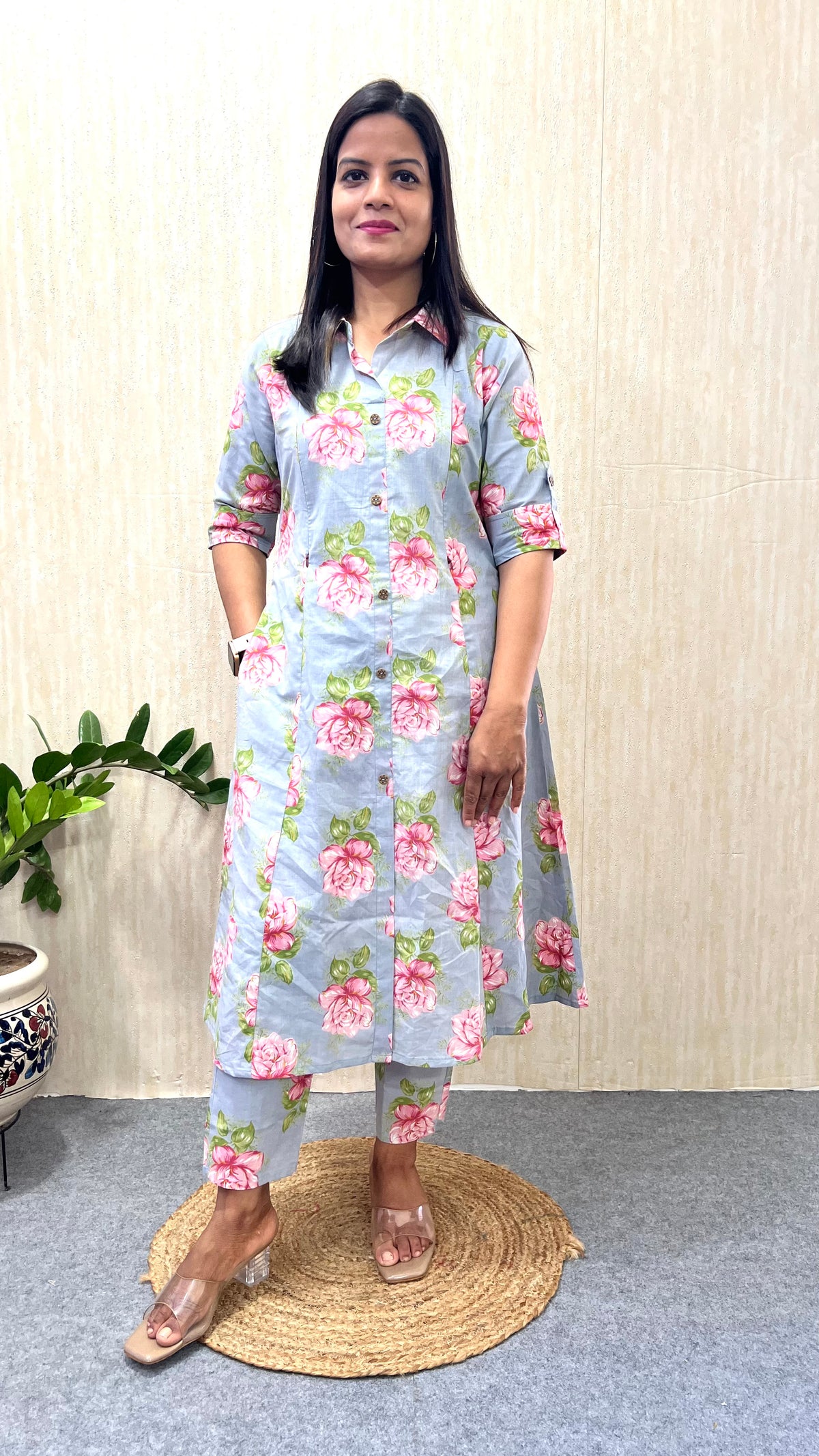 MUMZHUG Grey Blossom Pure Cotton Jaipuri Print Feeding & Maternity Co-ord Set- DISPATCHING STARTS 20TH SEPT