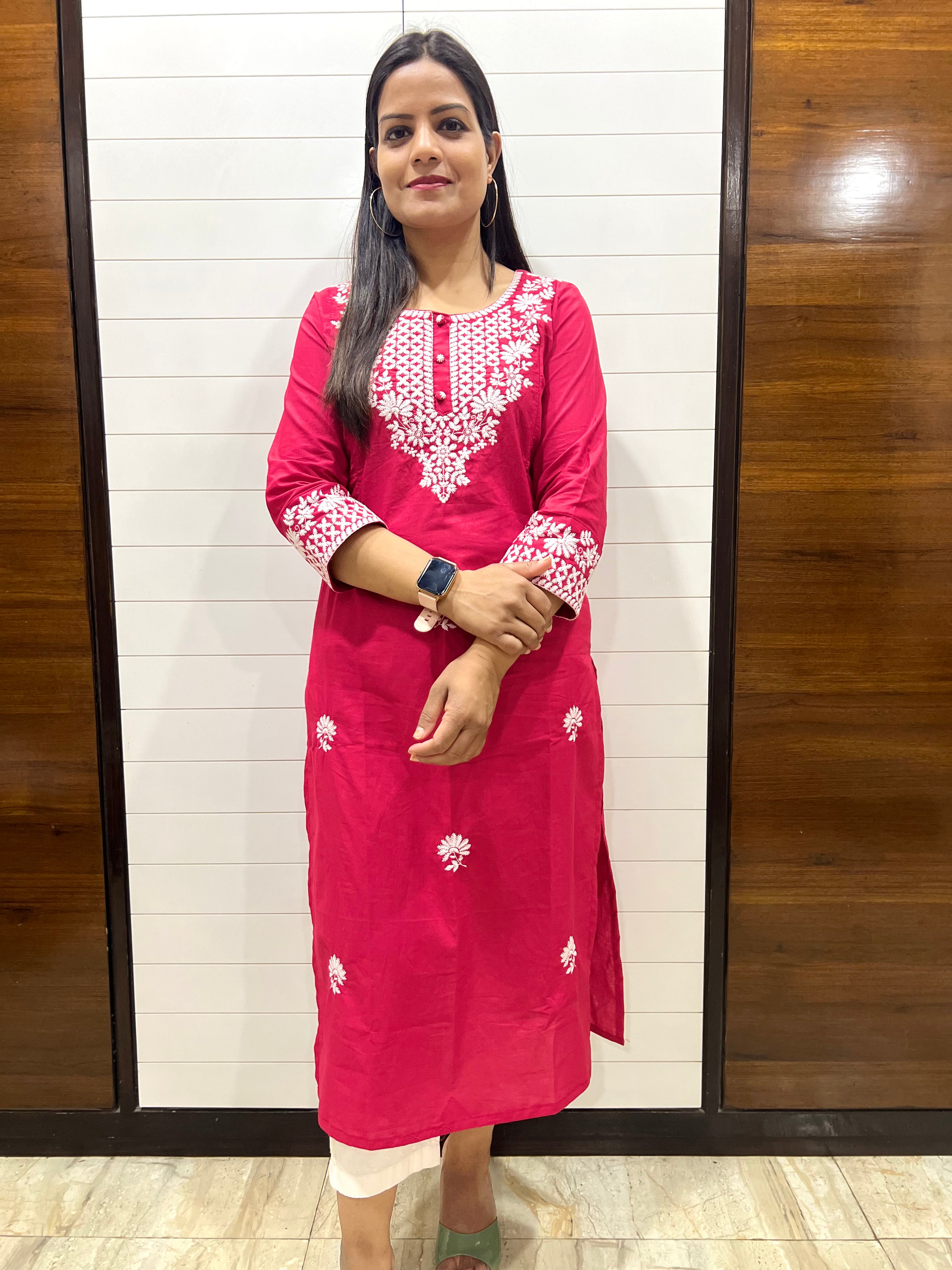 Mumzhug Red Pure Cotton Embroidered Feeding Kurta with both side feeding Zipper