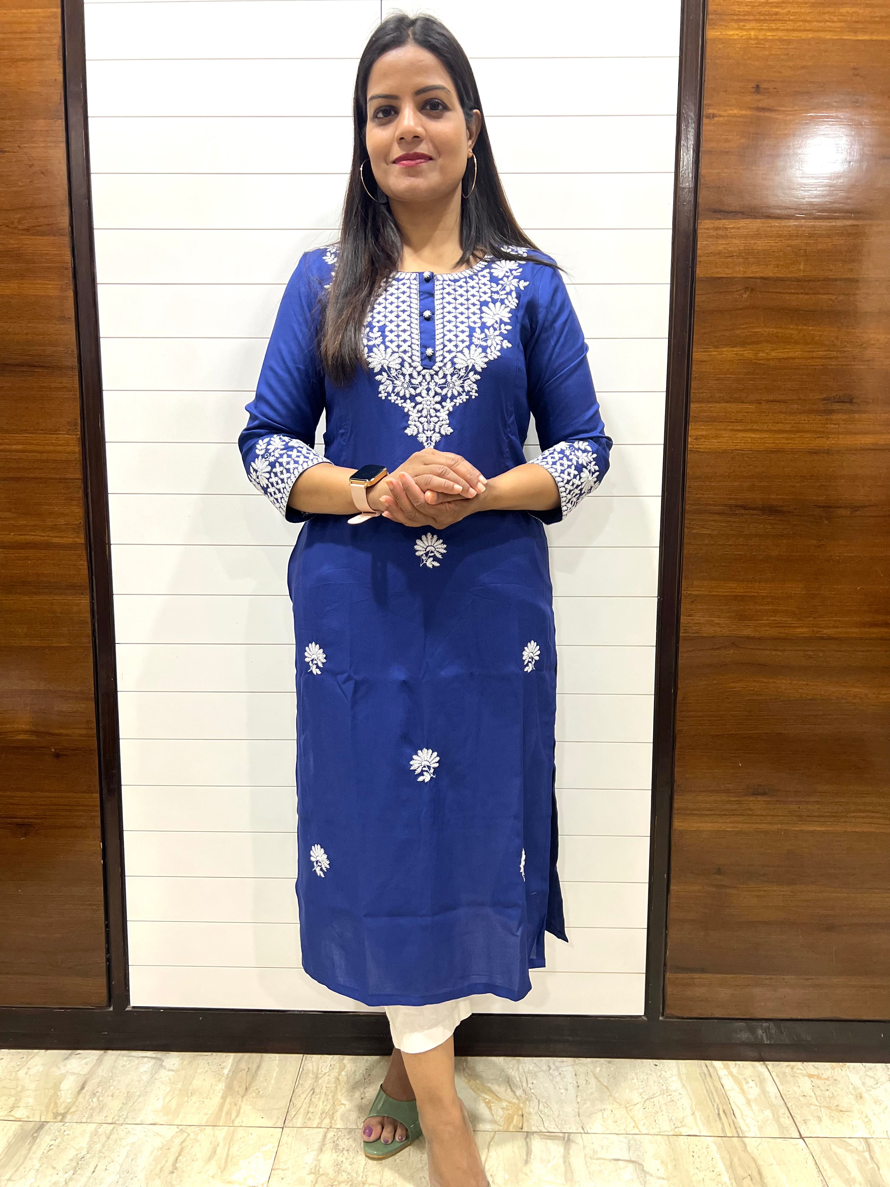 Mumzhug Royal Blue Viscose Rayon Embroidered Feeding Kurta with both side feeding Zipper