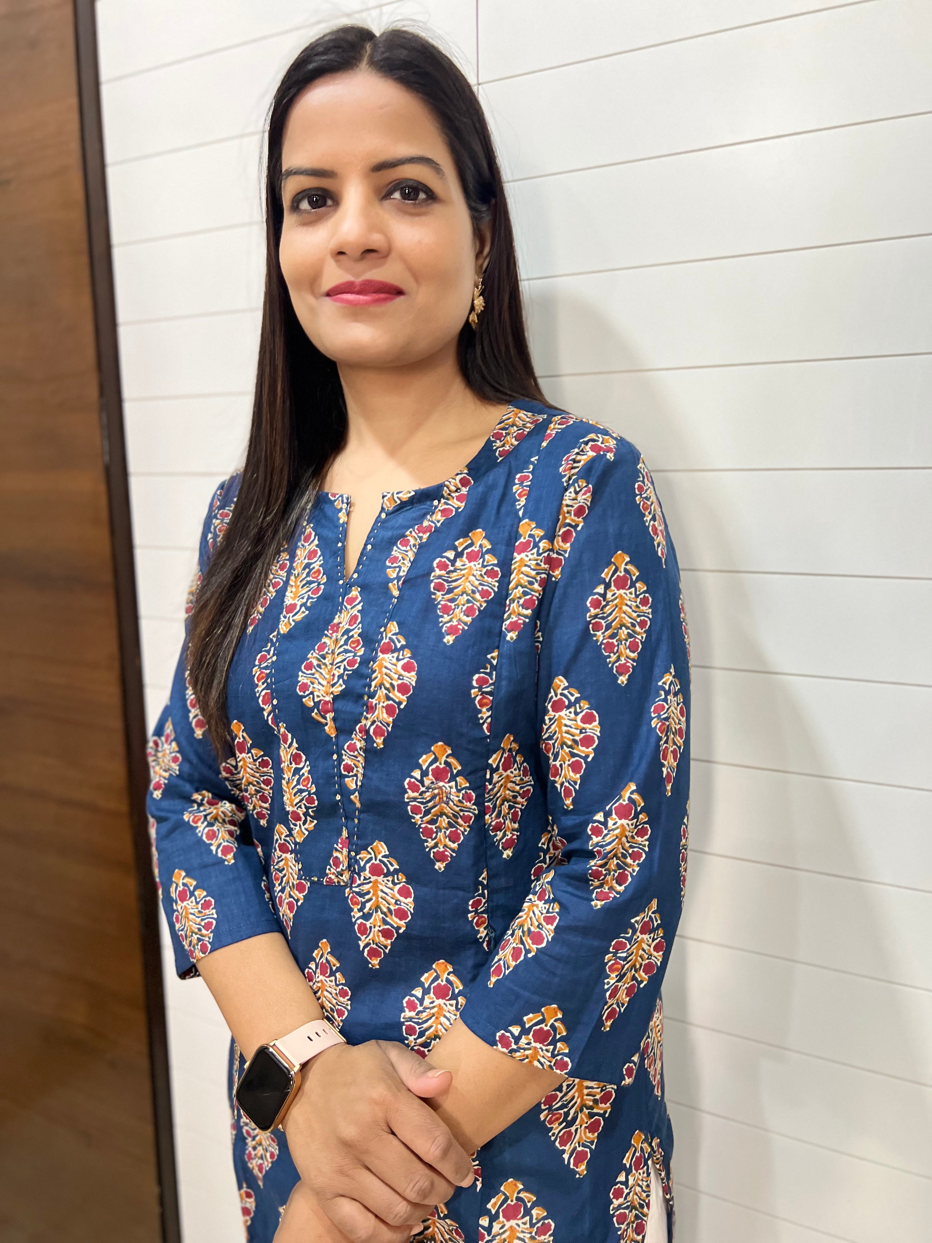 Mumzhug Blue Jaipuri Print Pure Cotton Feeding Kurta