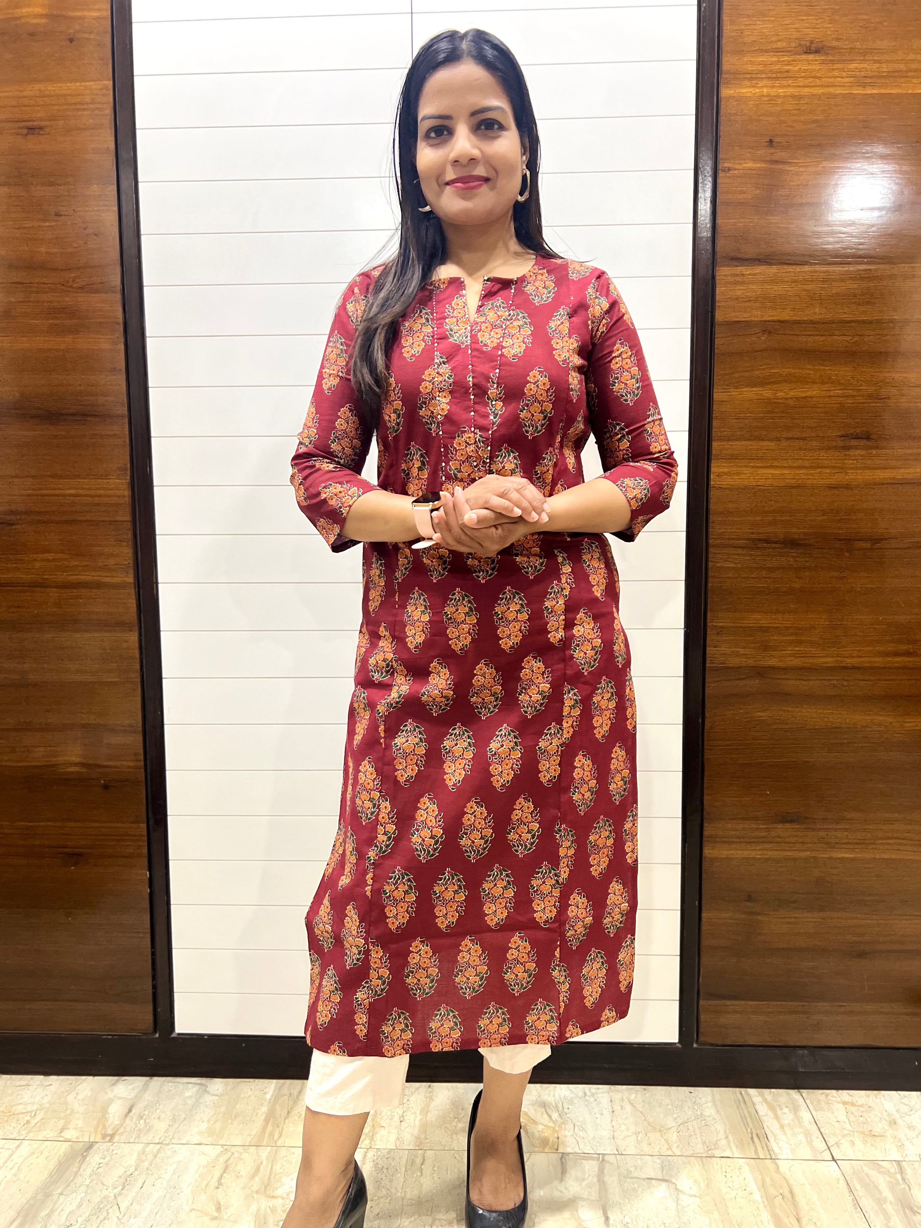 Mumzhug Maroon Color Jaipuri Print Pure Cotton Feeding Kurta