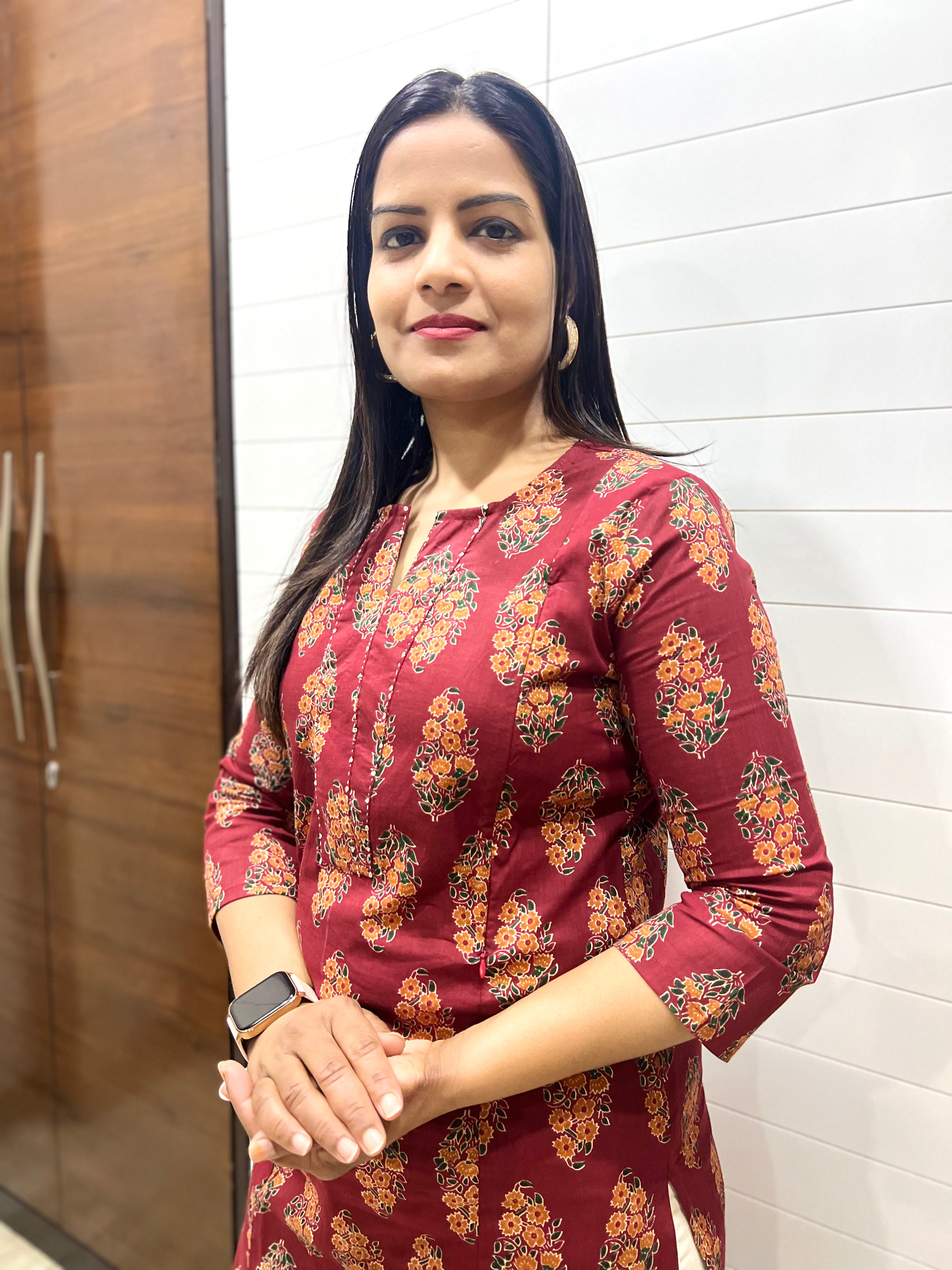 Mumzhug Maroon Color Jaipuri Print Pure Cotton Feeding Kurta