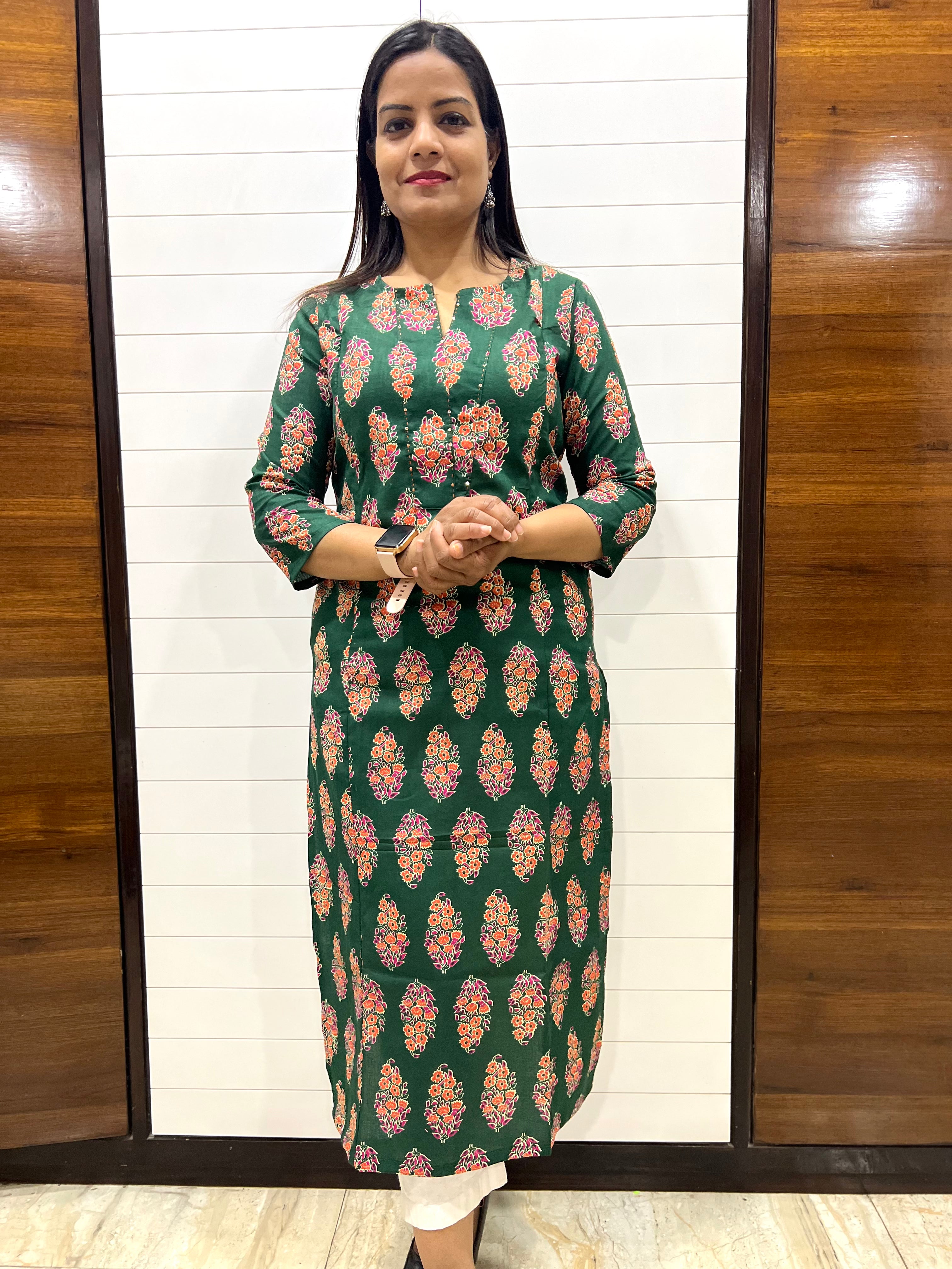 Mumzhug Bottle Green Color Jaipuri Print Pure Cotton Feeding Kurta