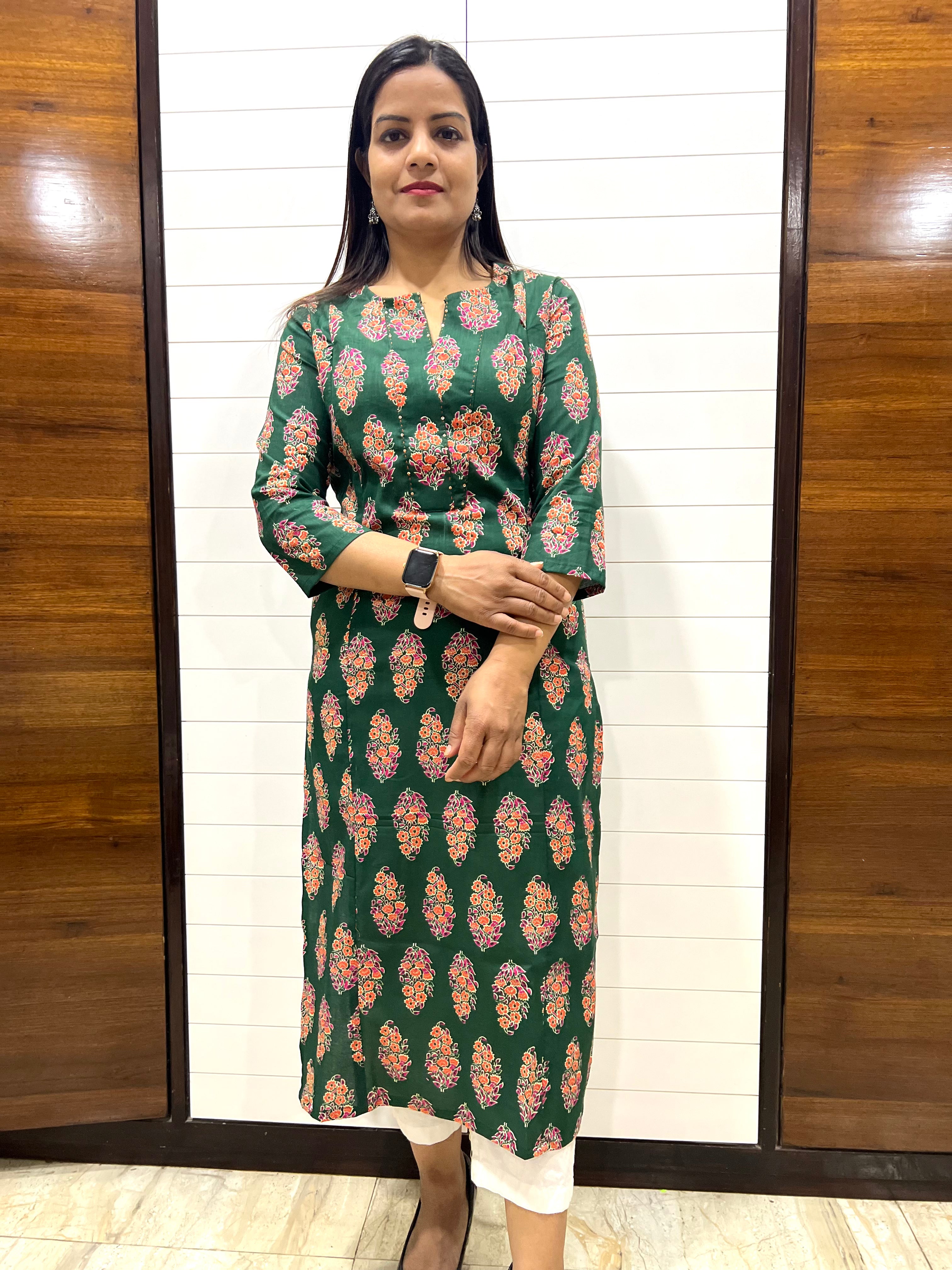 Mumzhug Bottle Green Color Jaipuri Print Pure Cotton Feeding Kurta