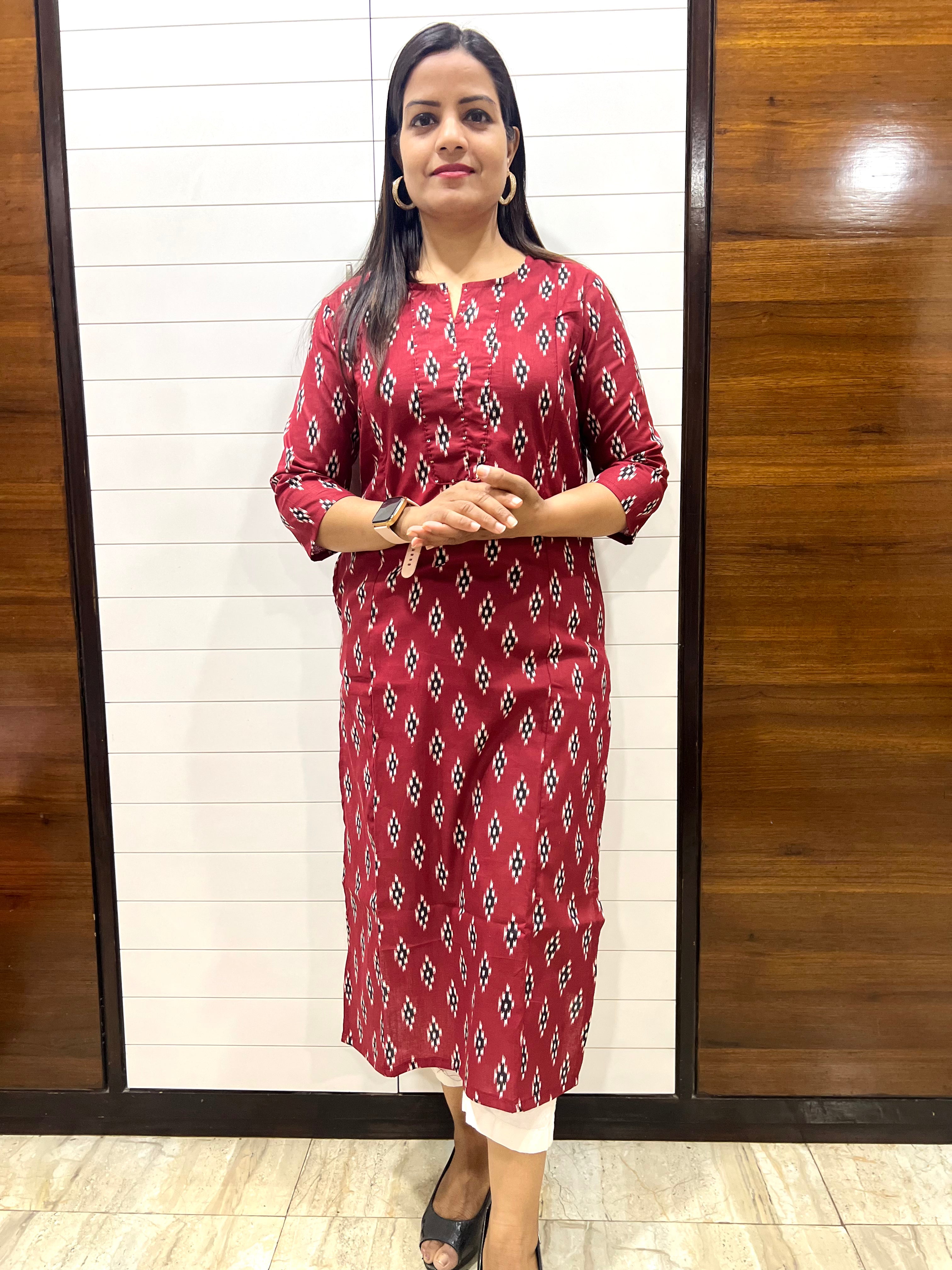 Mumzhug Maroon Ikkat Print Pure Cotton Feeding Kurta