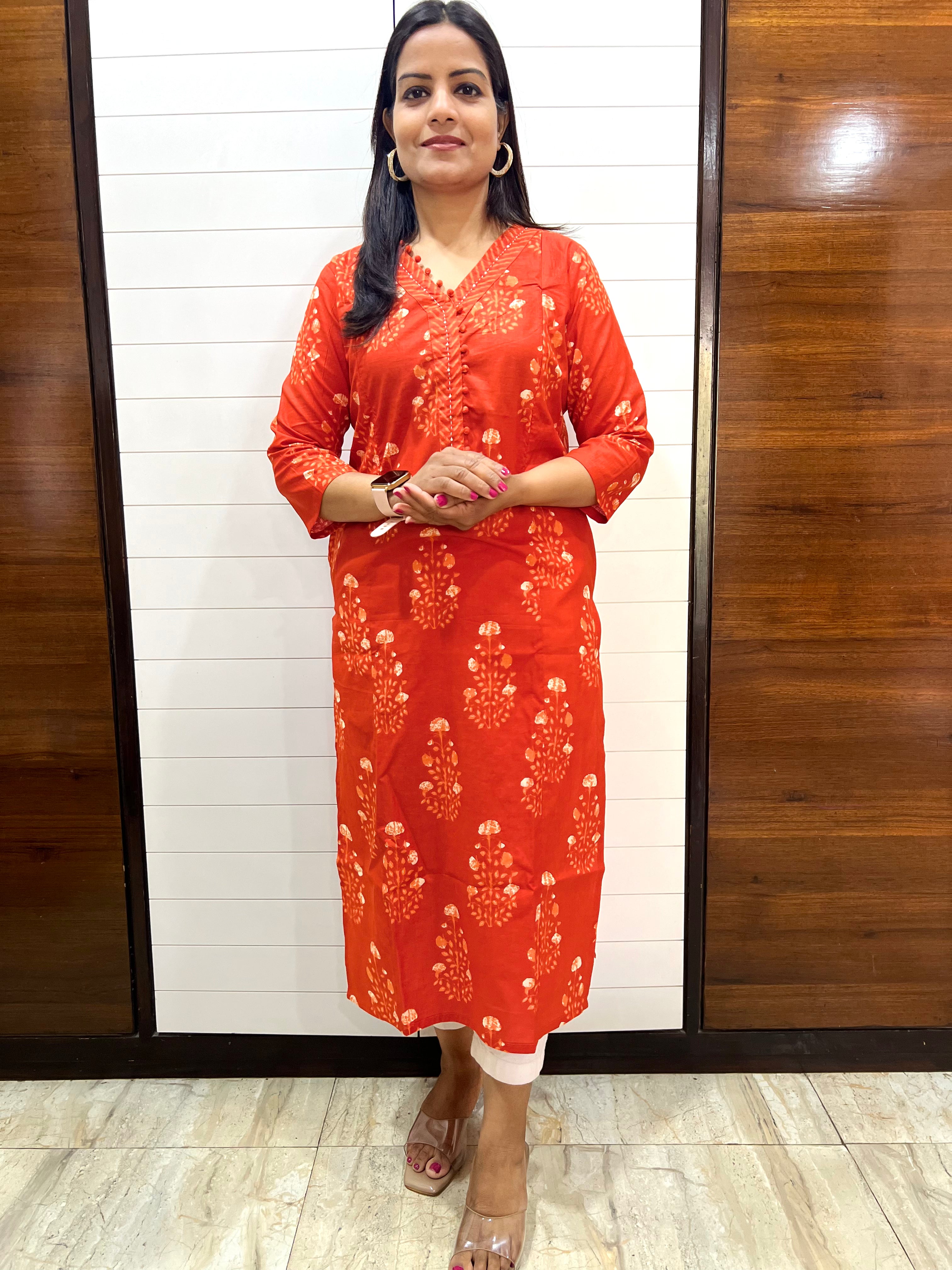 Mumzhug Rust Orange Pure Cotton Jaipuri Print Feeding Kurta