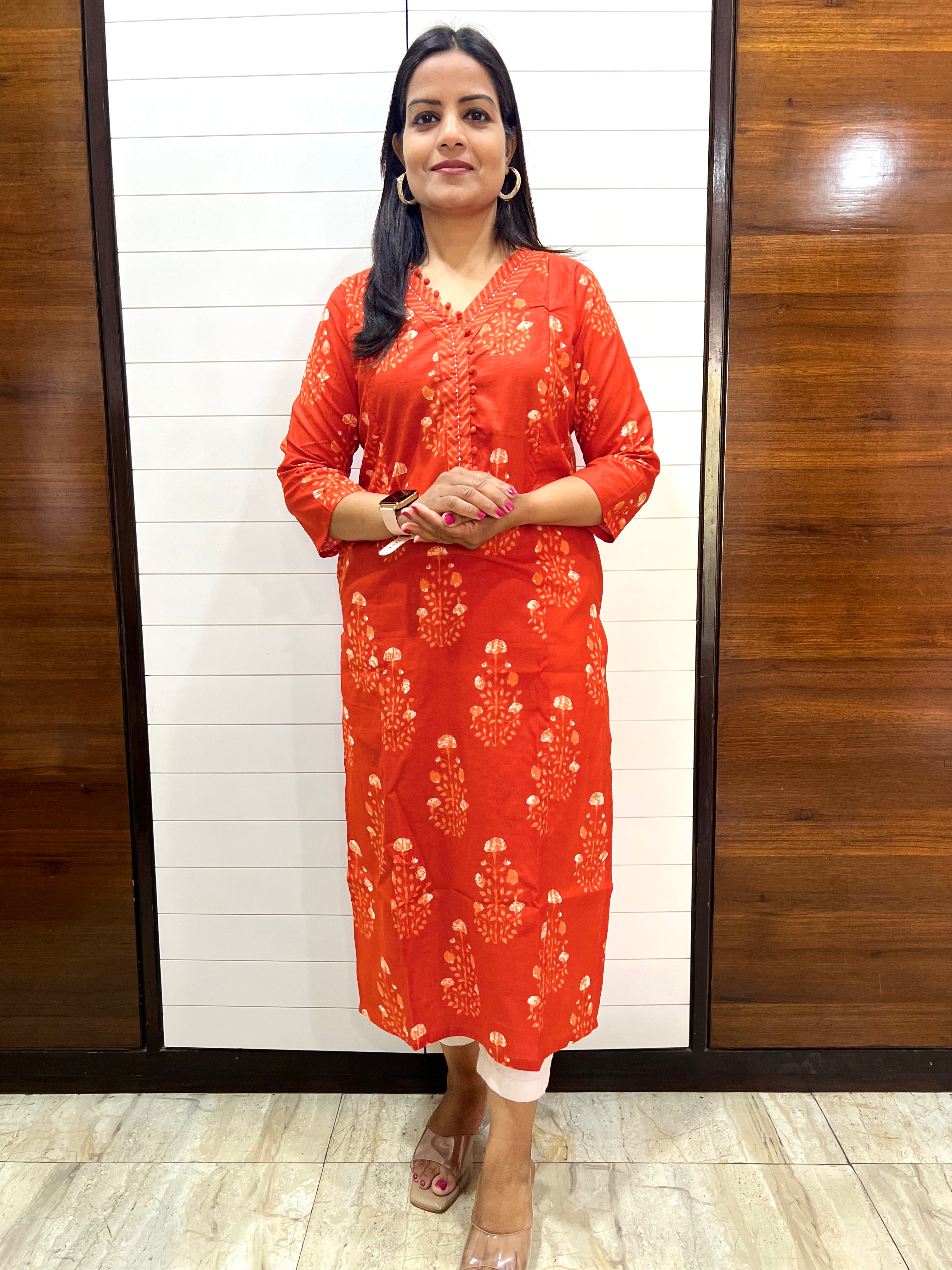 Mumzhug Rust Orange Pure Cotton Jaipuri Print Feeding Kurta