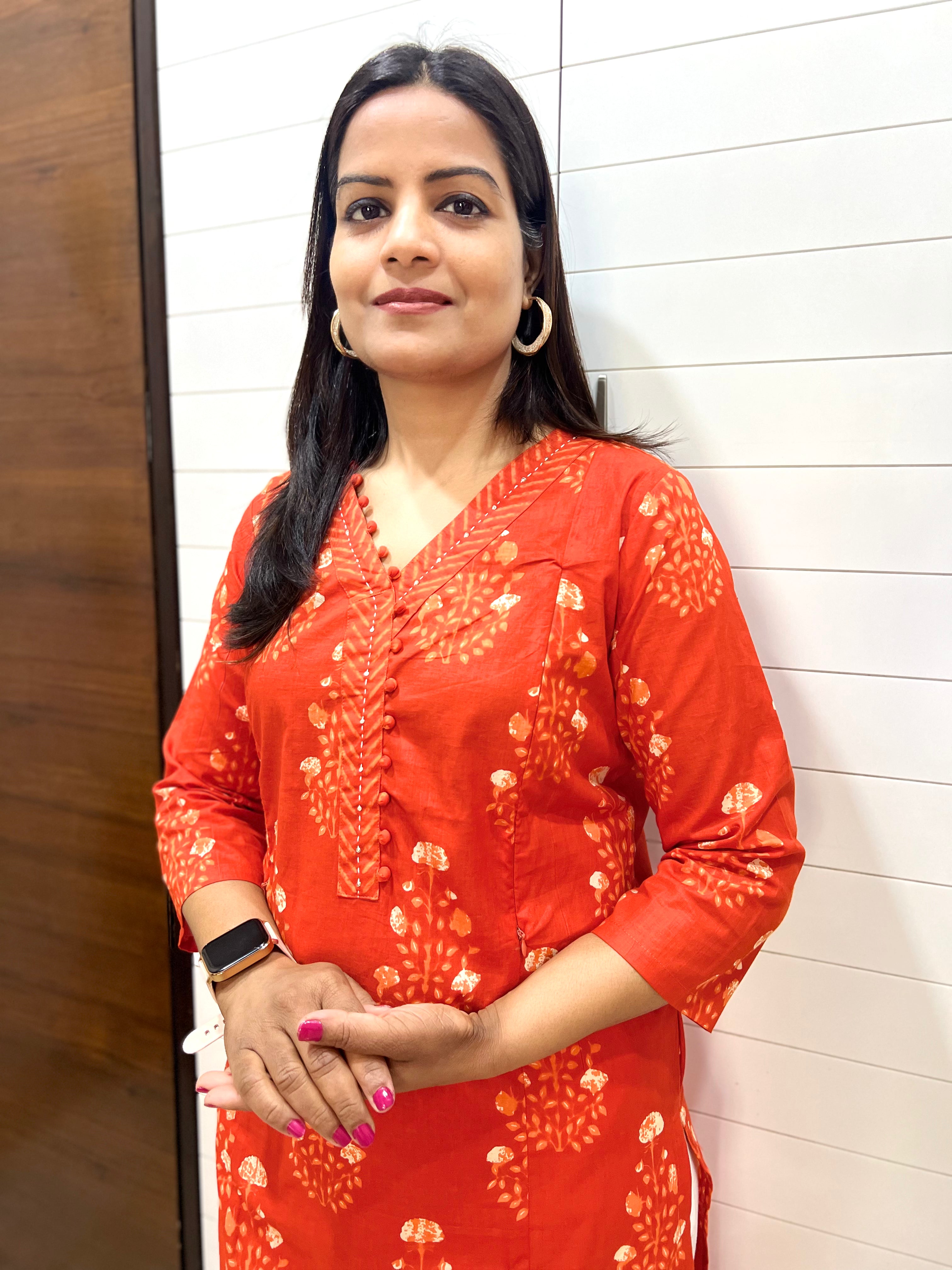 Mumzhug Rust Orange Pure Cotton Jaipuri Print Feeding Kurta