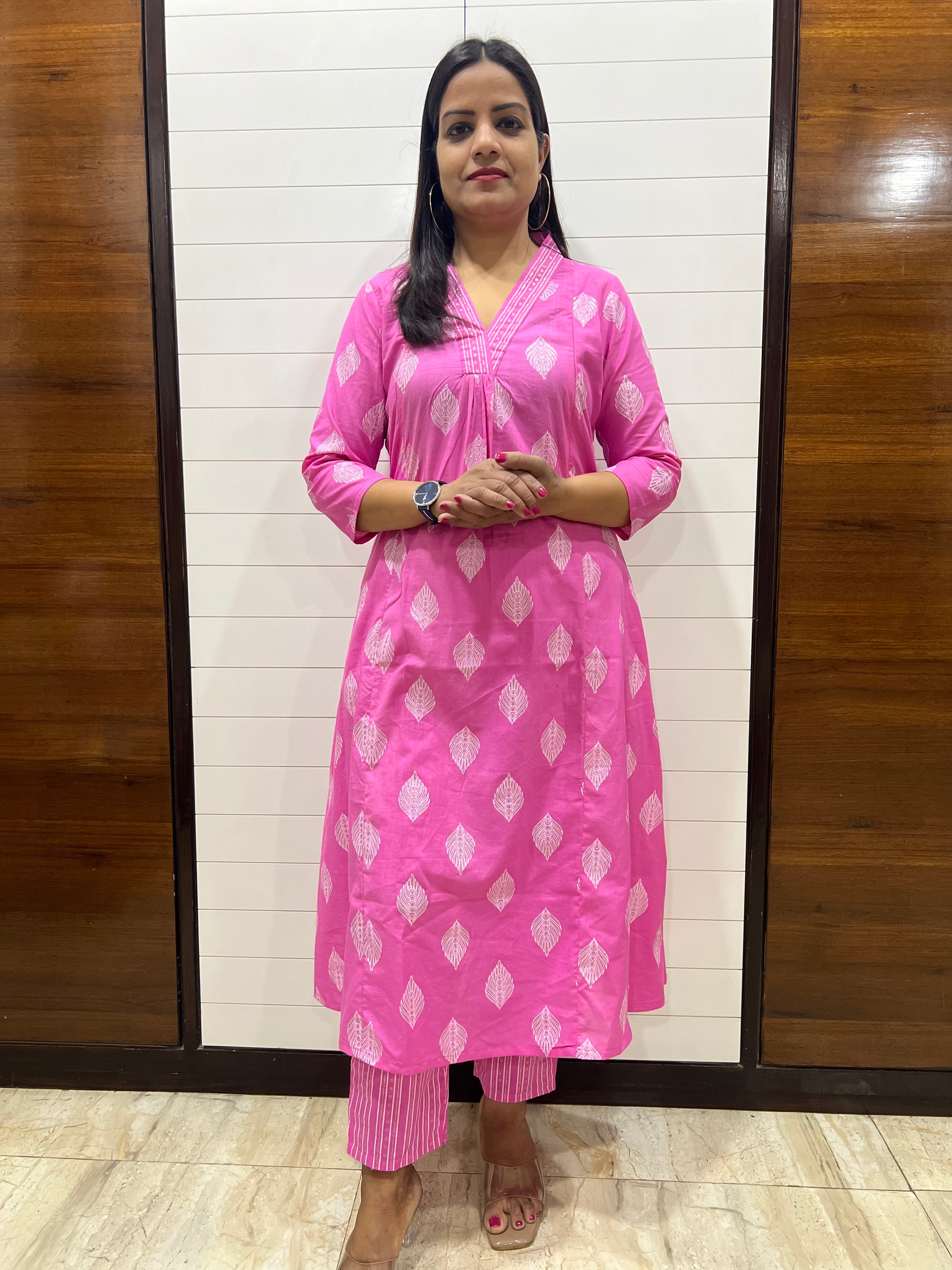 Mumzhug Pink Pure Cotton A-line Flared Jaipuri Print Cord Set with Side Pocket