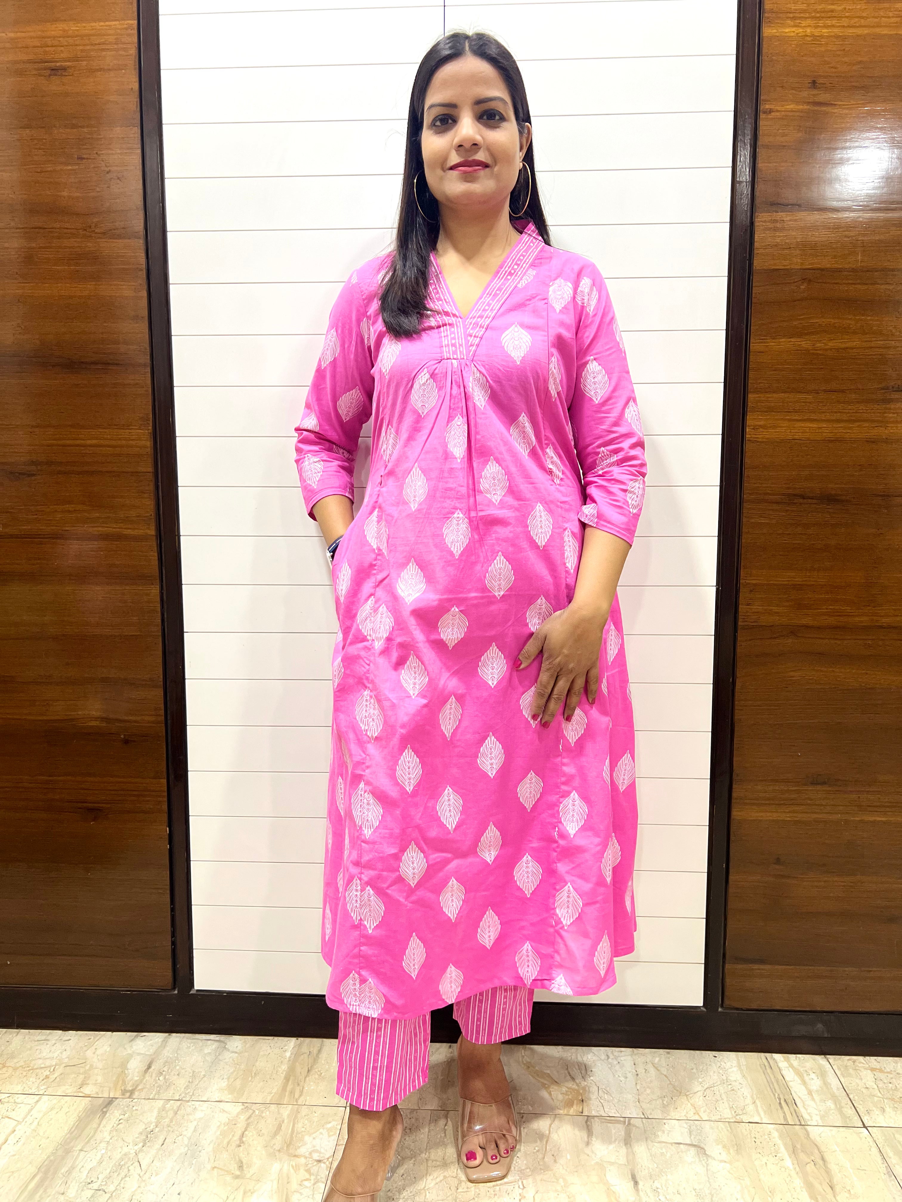 Mumzhug Pink Pure Cotton A-line Flared Jaipuri Print Cord Set with Side Pocket