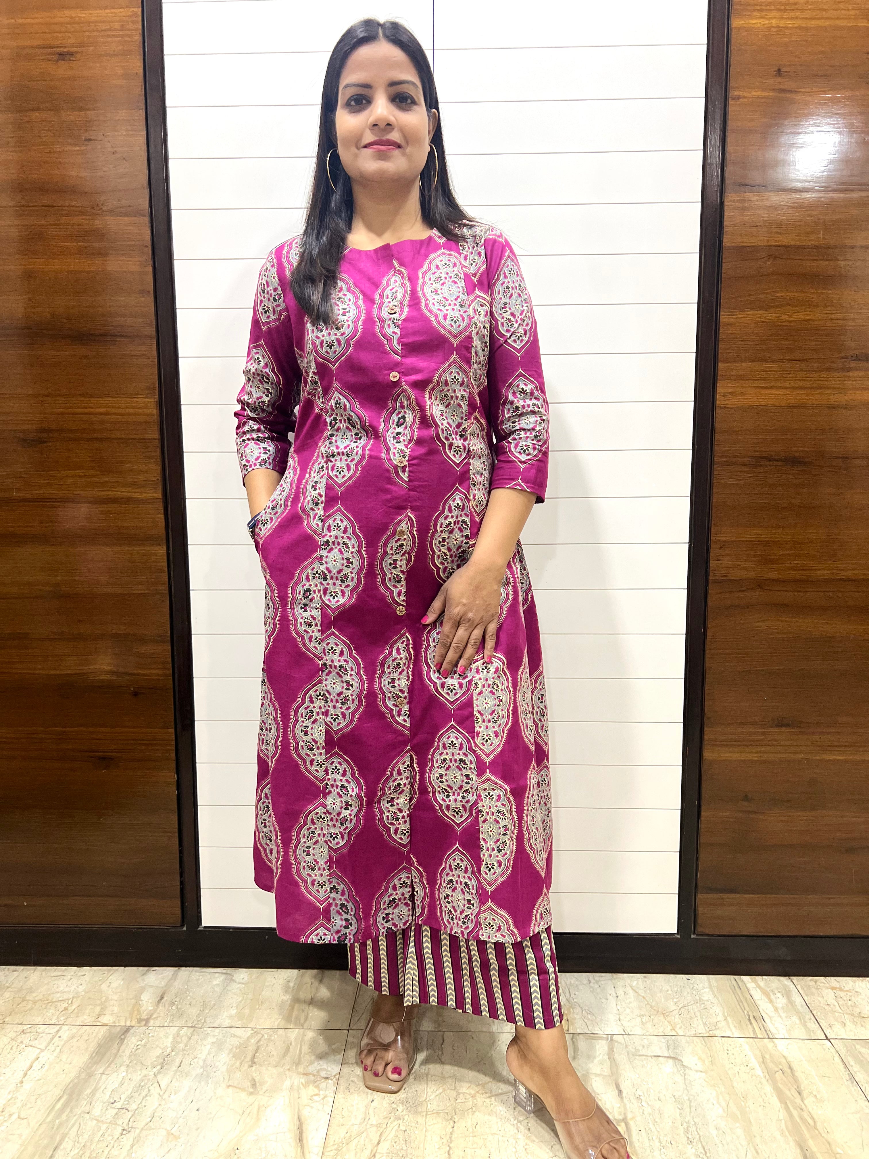 Mumzhug Wine Pure Cotton A-line Jaipuri Print Cord Set with Side Pocket