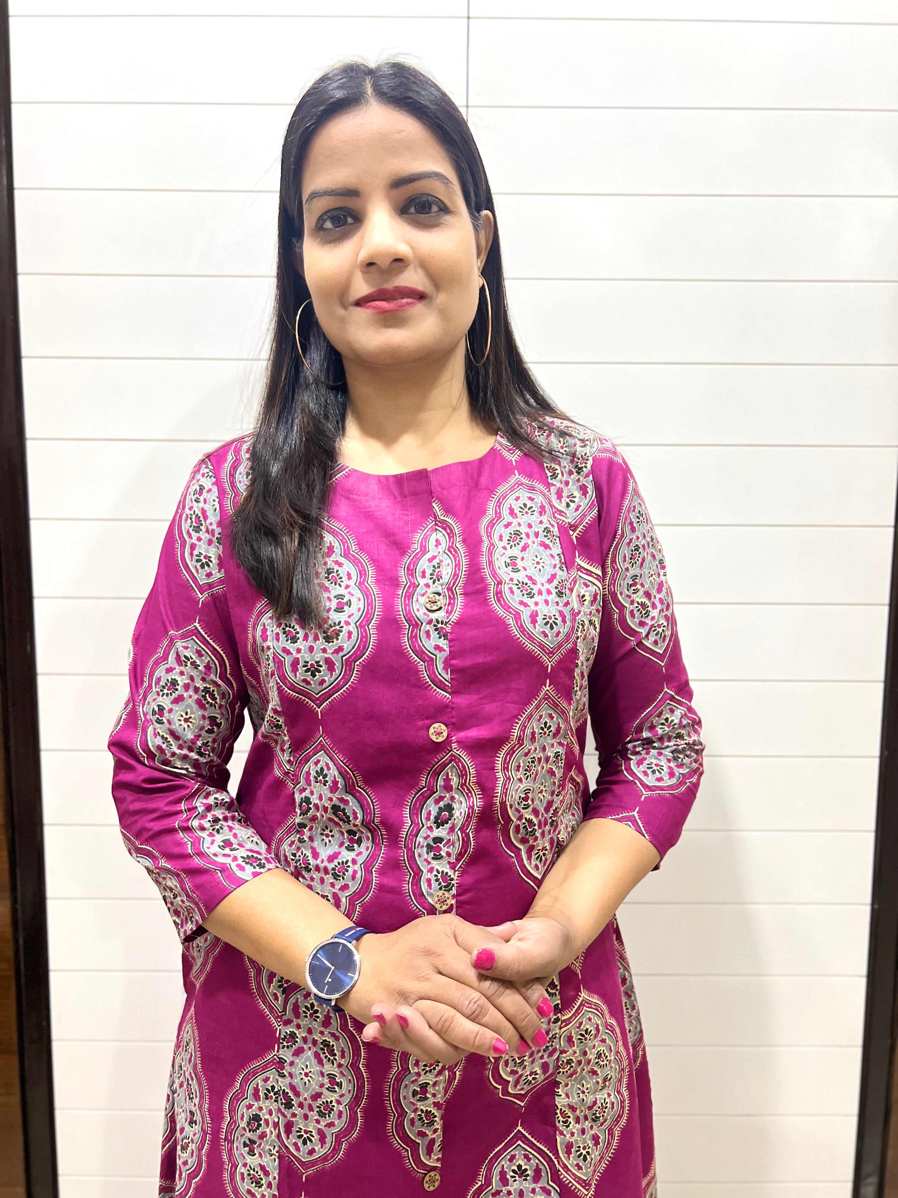 Mumzhug Wine Pure Cotton A-line Jaipuri Print Cord Set with Side Pocket