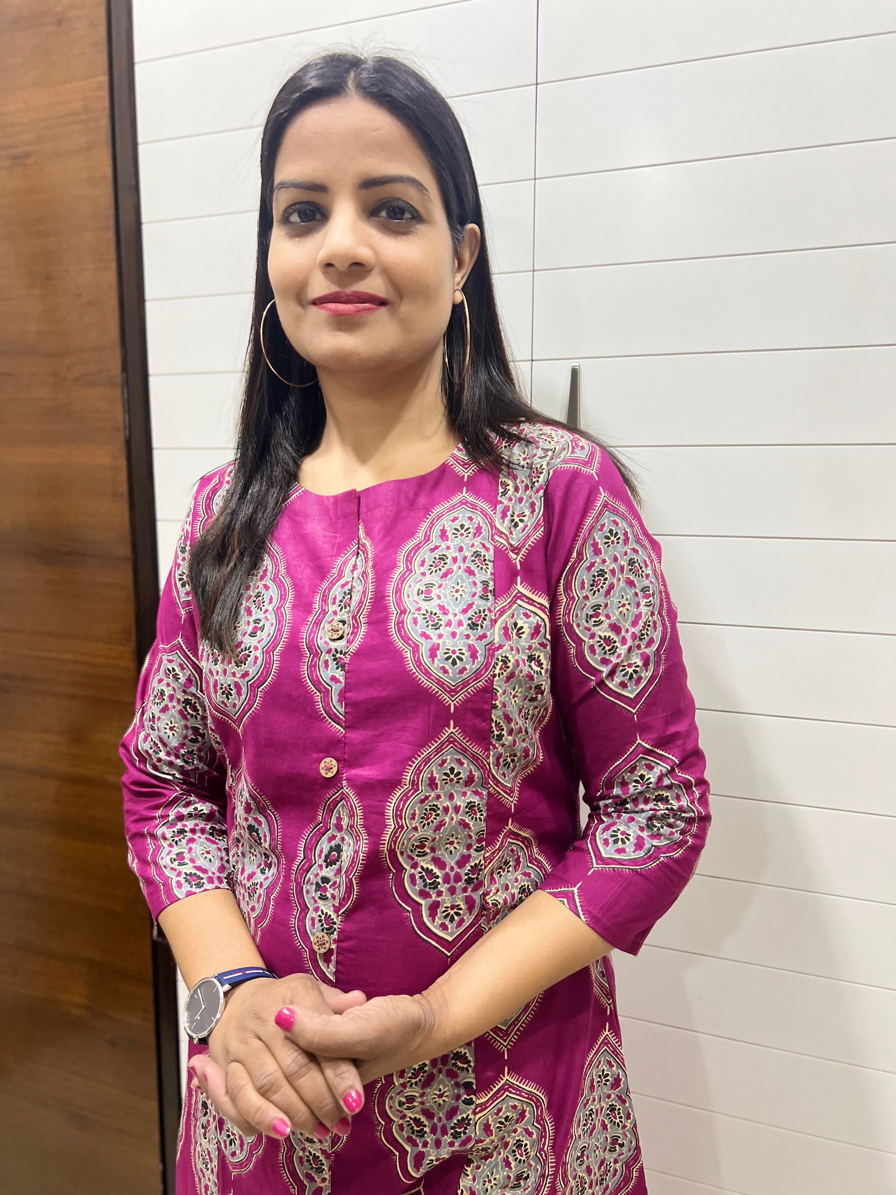 Mumzhug Wine Pure Cotton A-line Jaipuri Print Cord Set with Side Pocket