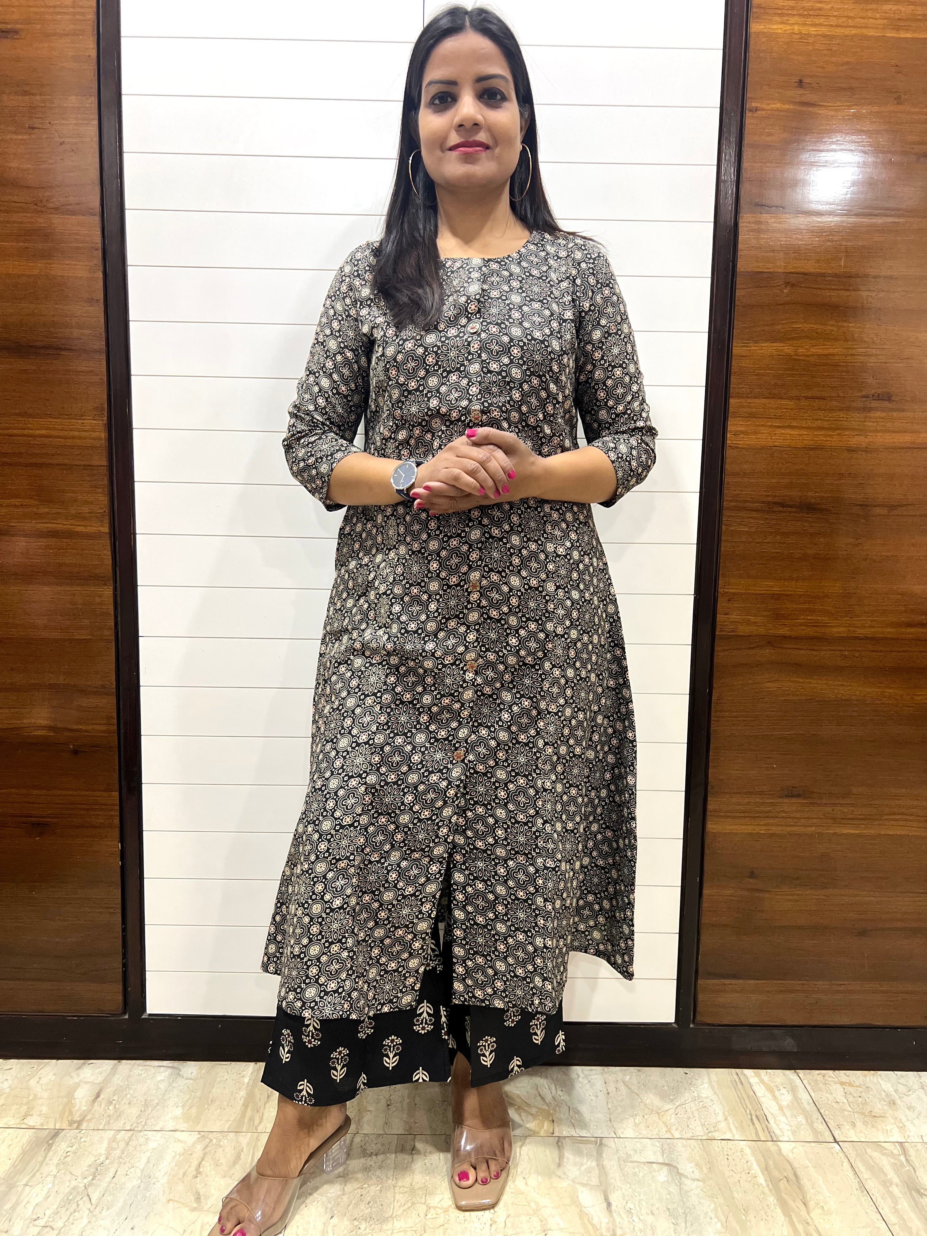 Mumzhug Black Pure Cotton A-line Jaipuri Print Cord Set with Side Pocket