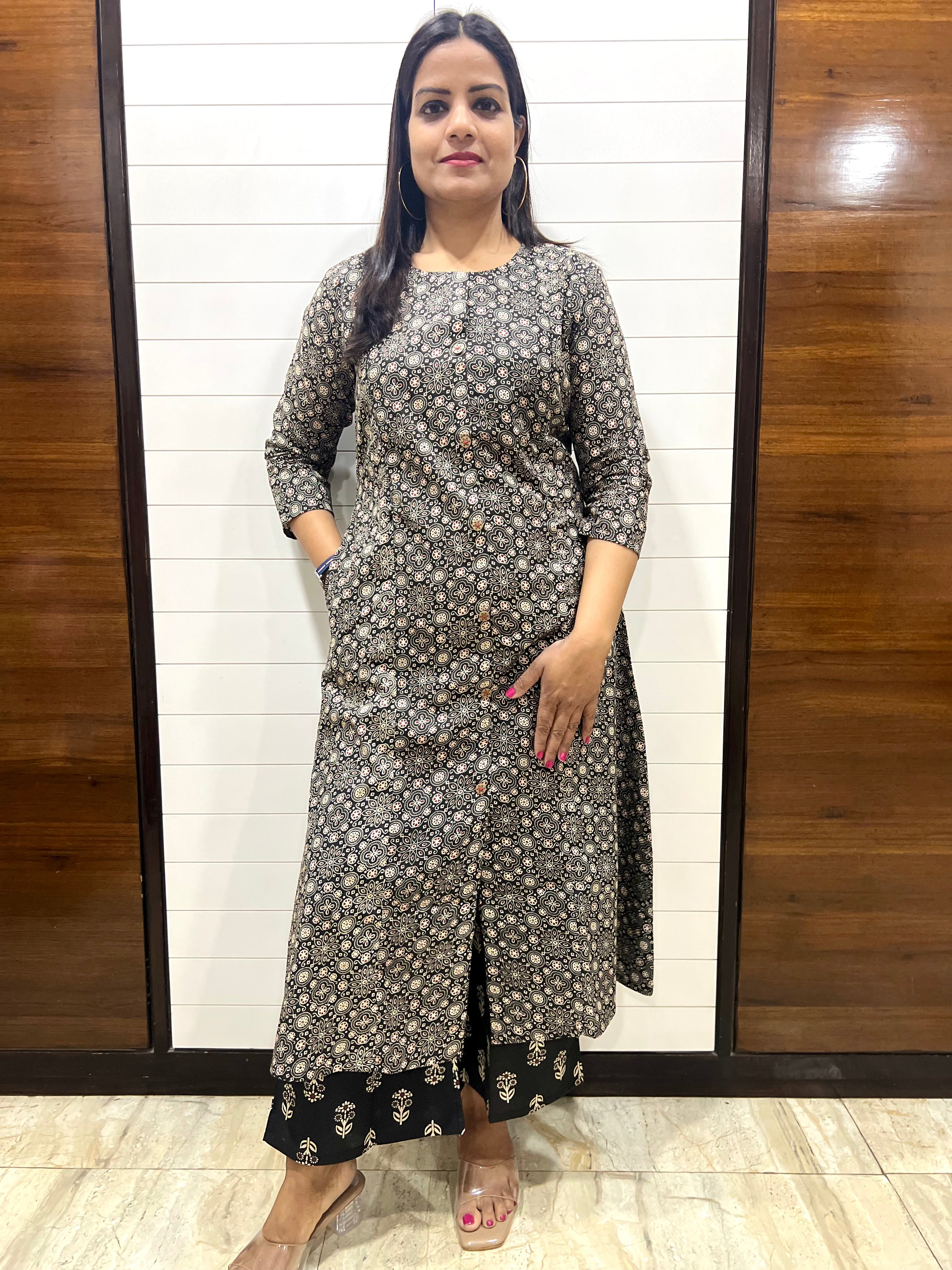 Mumzhug Black Pure Cotton A-line Jaipuri Print Cord Set with Side Pocket