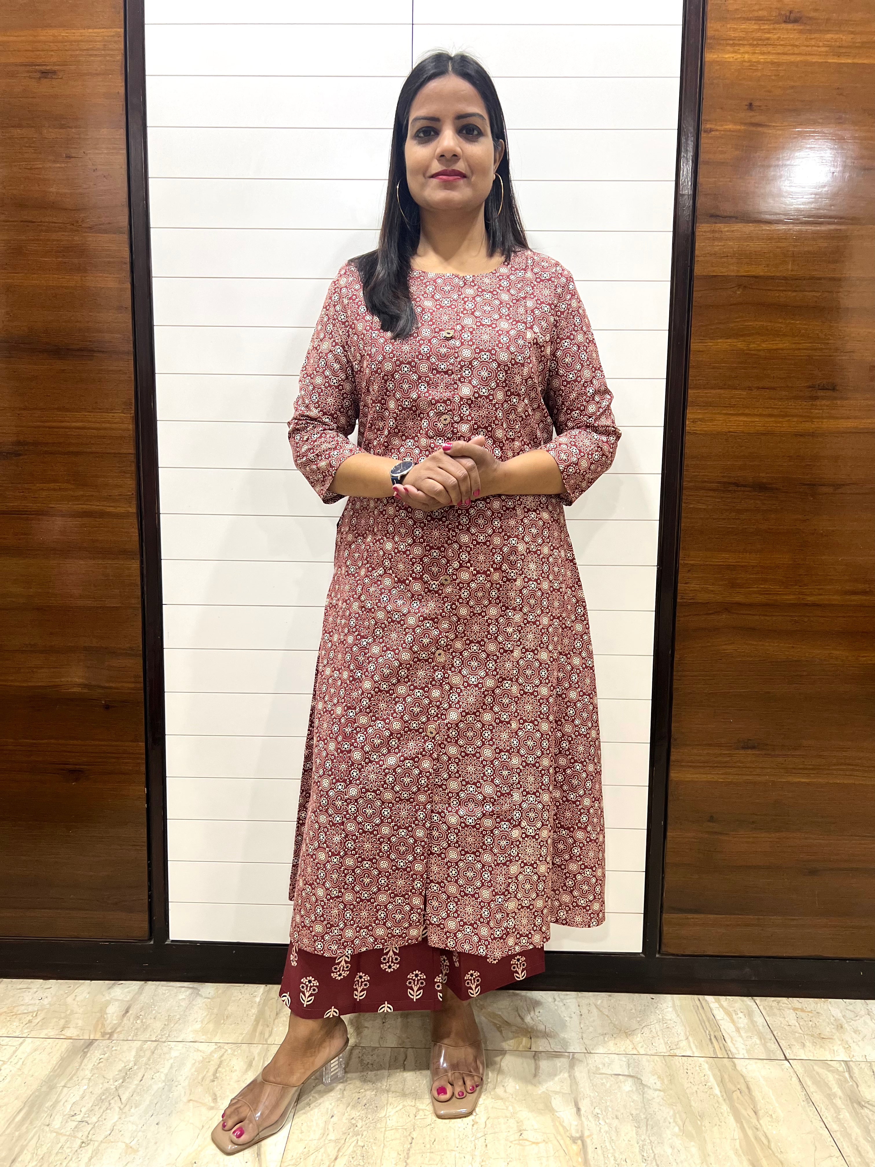 Mumzhug Maroon Pure Cotton A-line Jaipuri Print Cord Set with Side Pocket