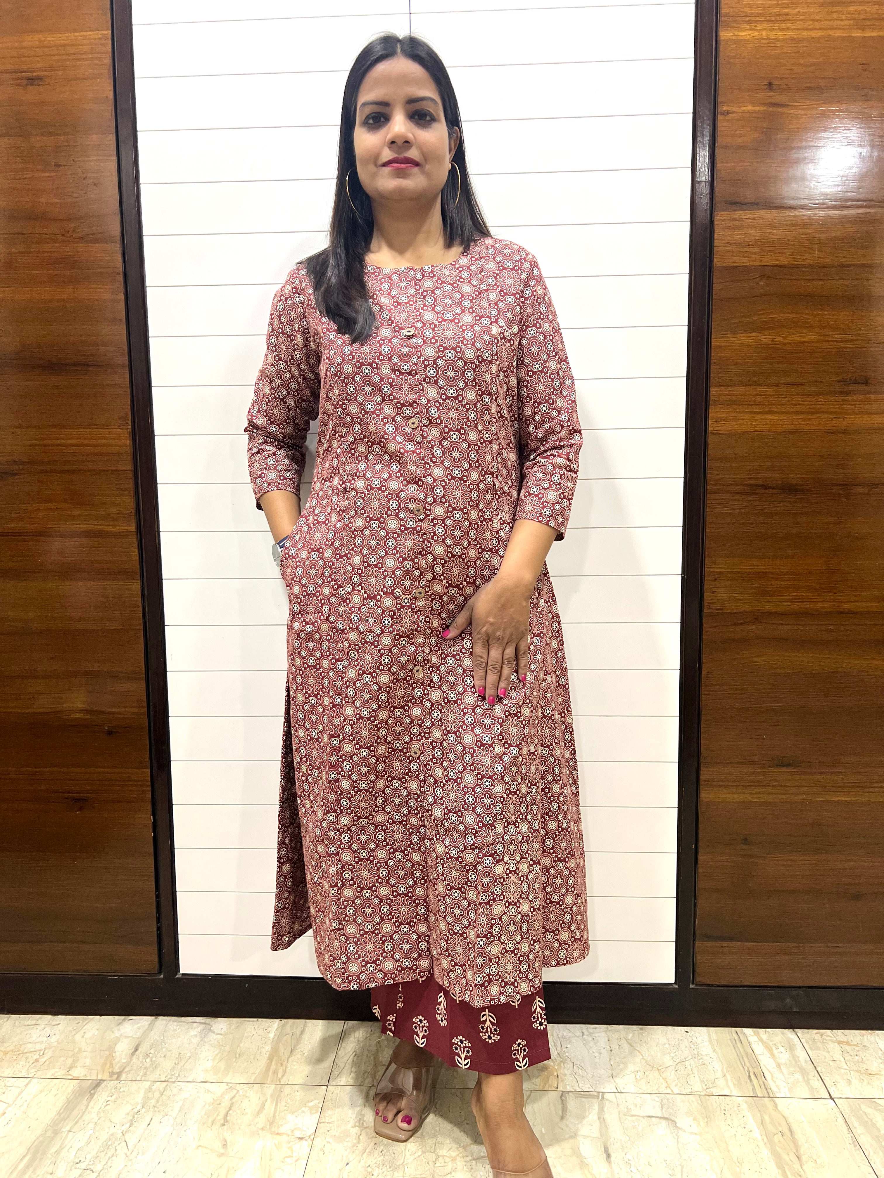 Mumzhug Maroon Pure Cotton A-line Jaipuri Print Cord Set with Side Pocket