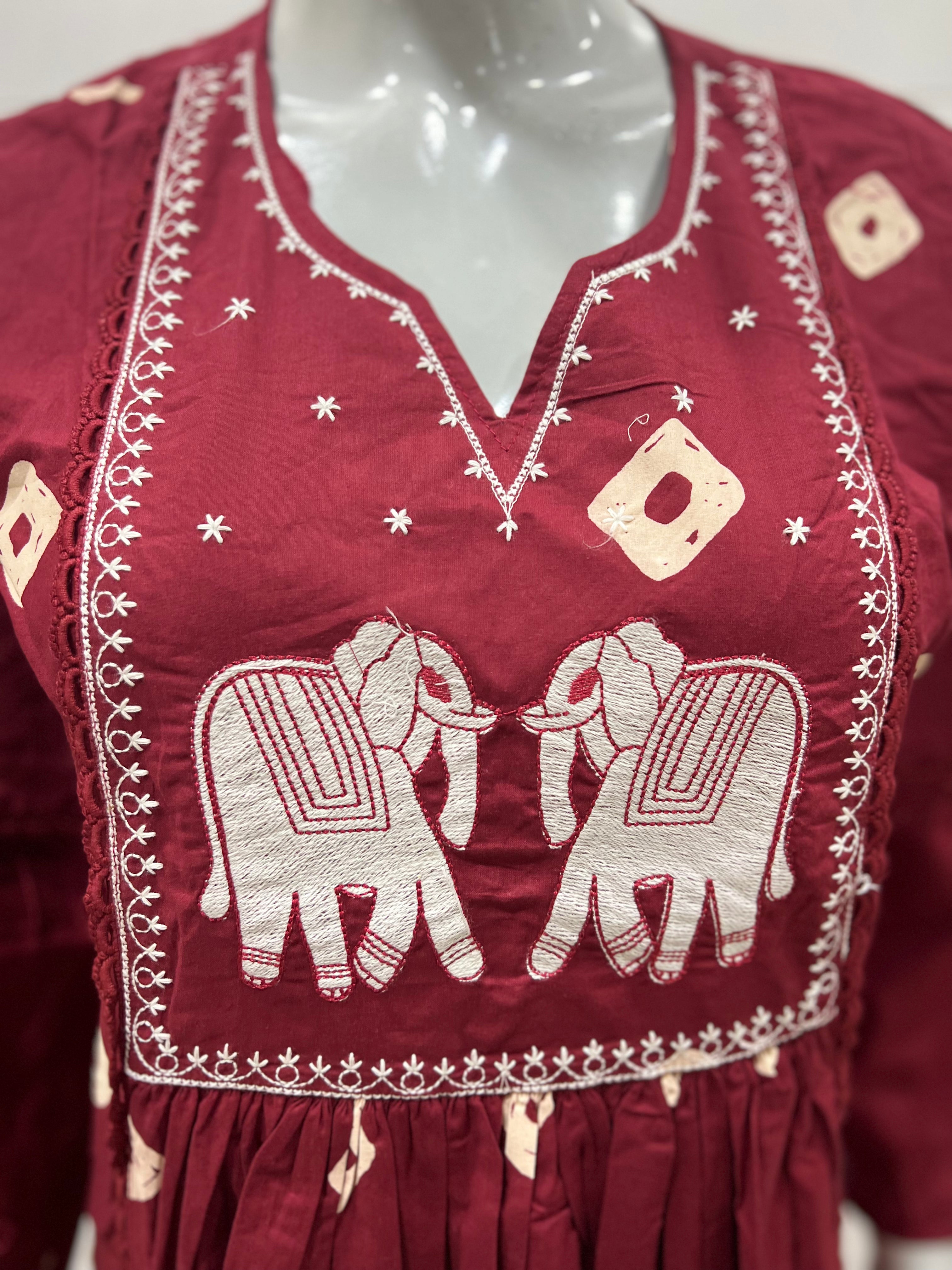 maroon colored pure cotton embroidered kurta pant and dupatta set with feeding zipper