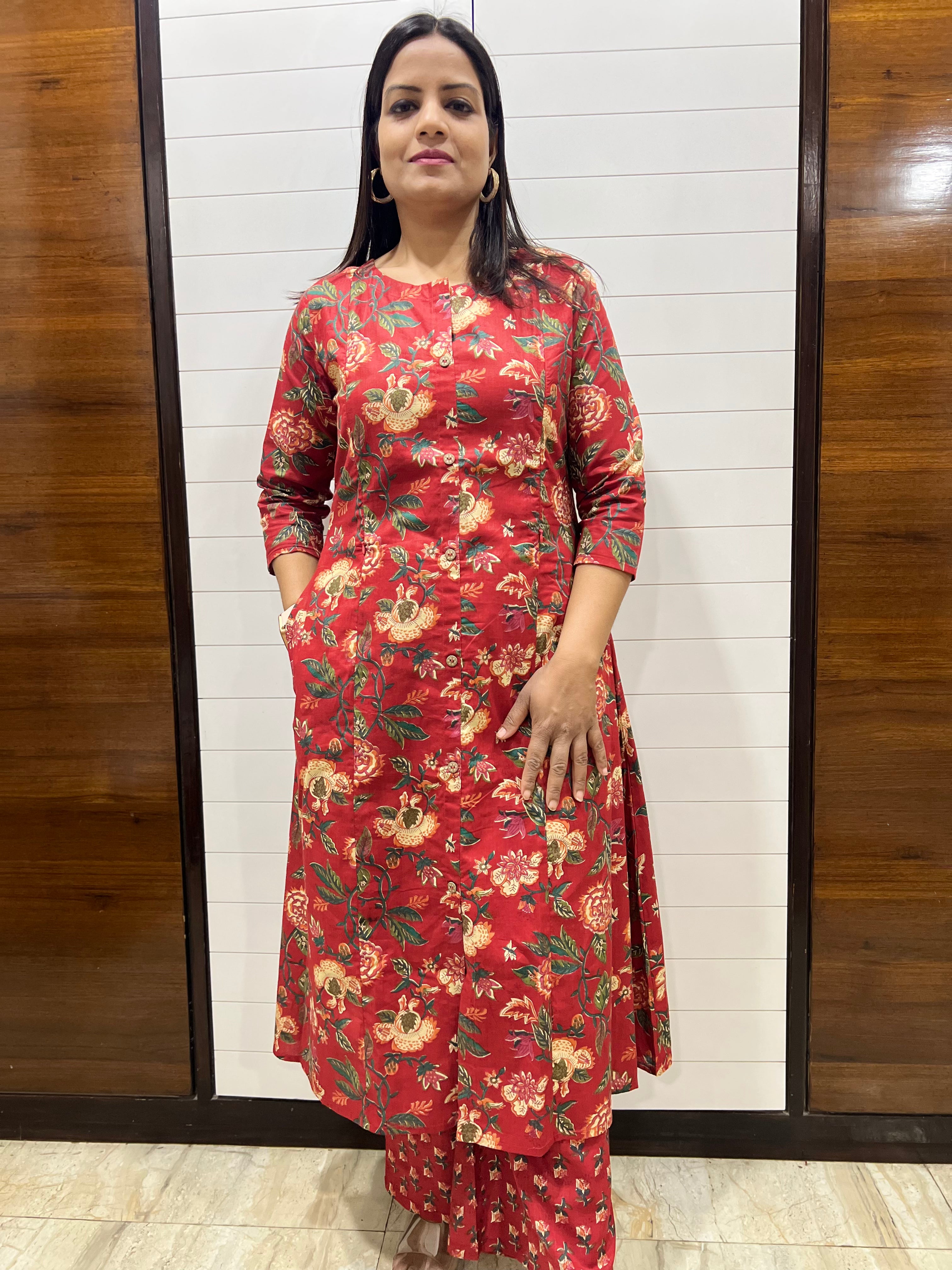 Mumzhug Pure Cotton Maroon Floral Print Feeding Cord Set with Both Side Feeding Zipper