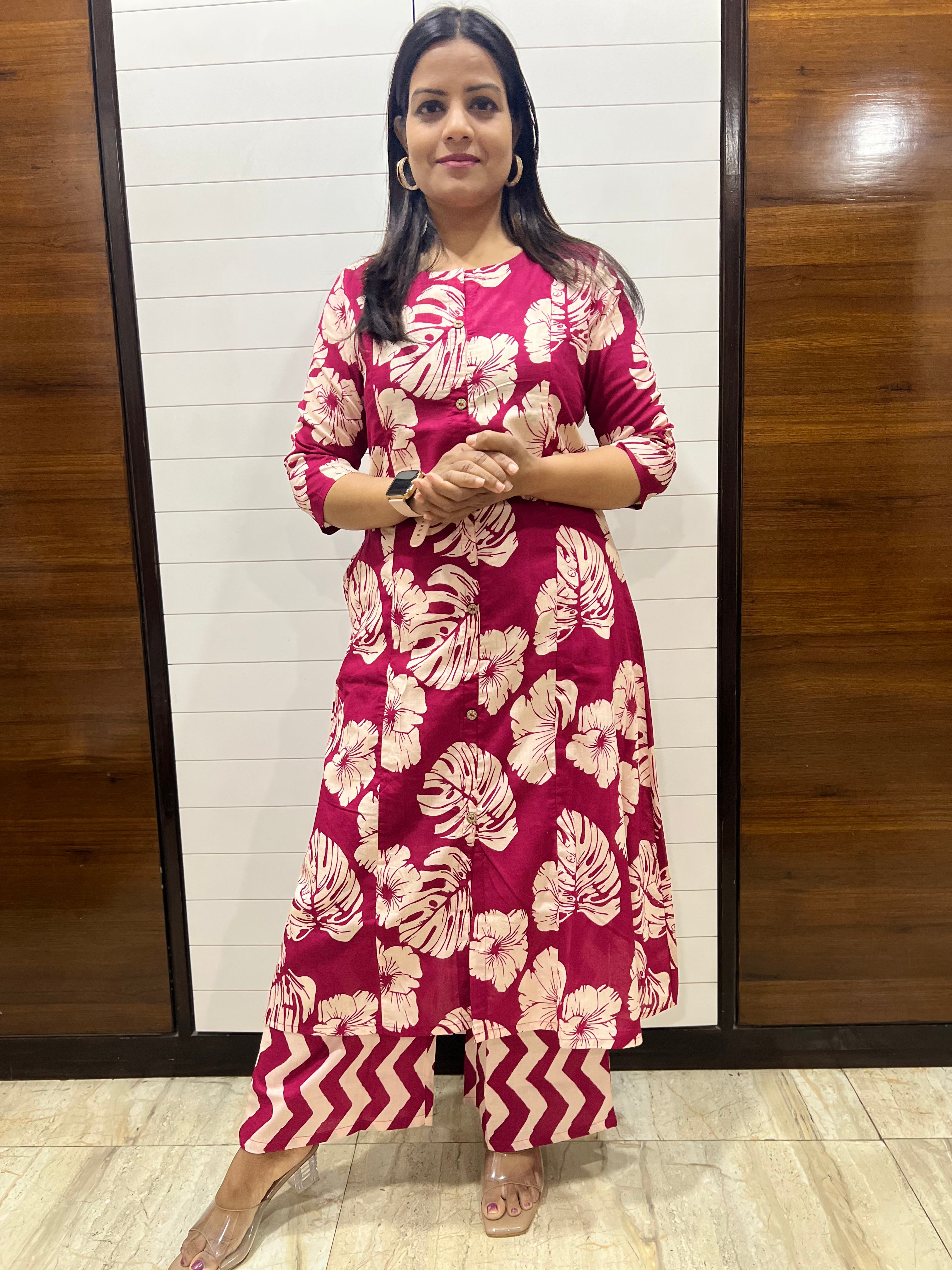 Mumzhug Pure Cotton Fuchsia Floral Print Feeding Cord Set with Both Side Feeding Zipper