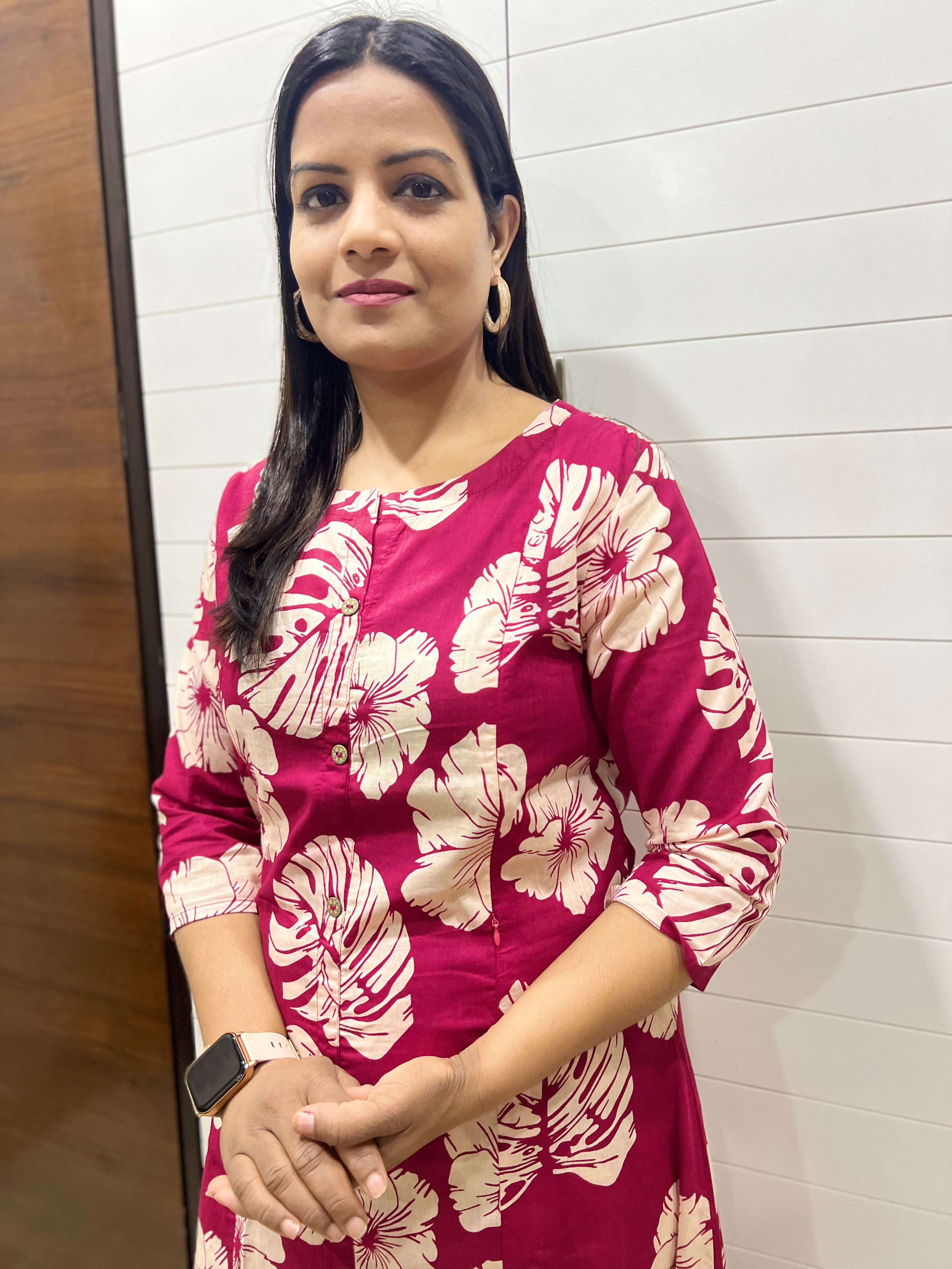 Mumzhug Pure Cotton Fuchsia Floral Print Feeding Cord Set with Both Side Feeding Zipper