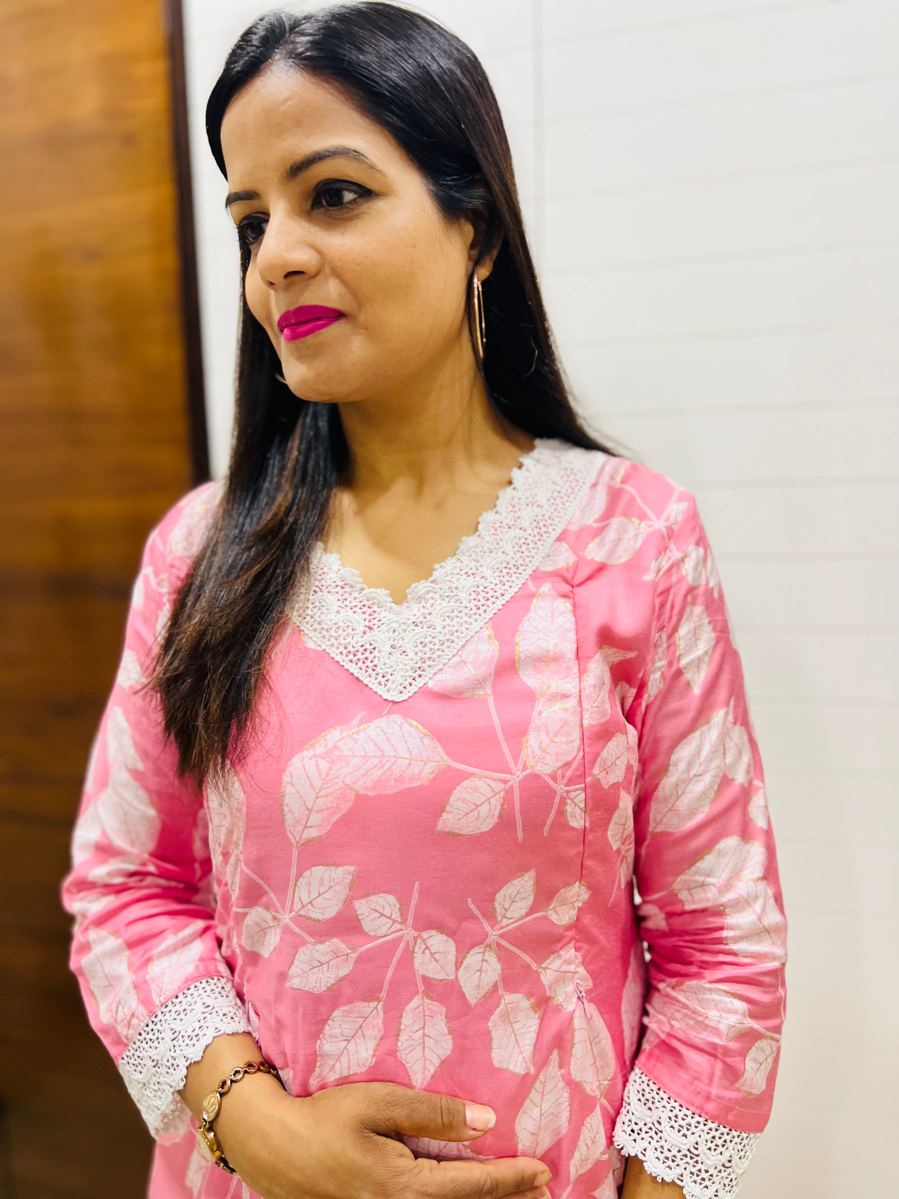 Maslin Cotton Cord Set With Feeding Zipper Embedded With Lace