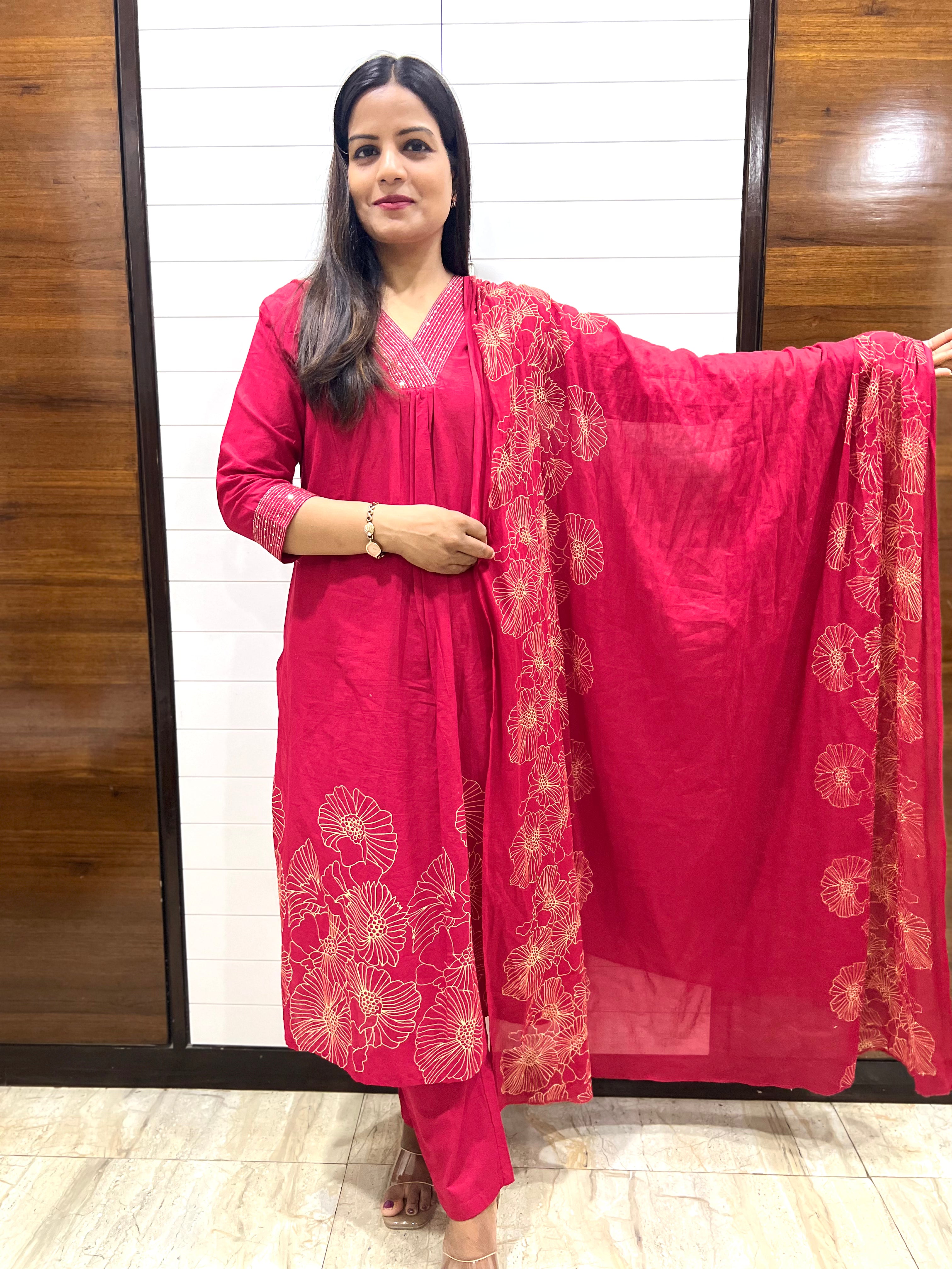 Red Pure Cotton Embroidered Feeding Suit Set